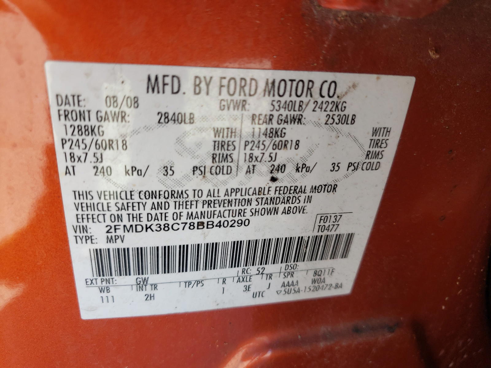 Photo 10 from auction – 2008 FORD EDGE SEL with VIN 2FMDK38C78BB40290