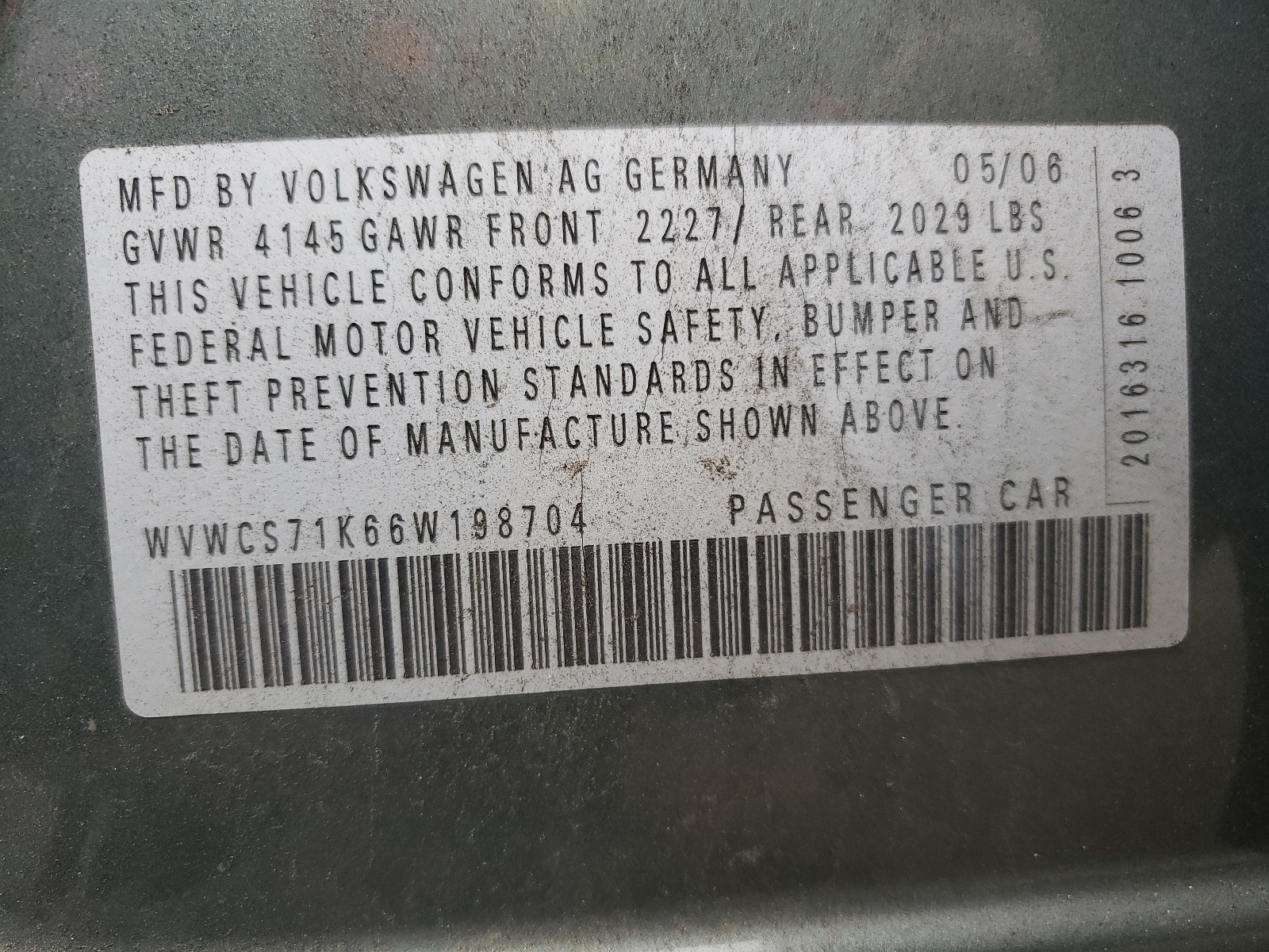 Photo 10 from auction – 2006 VOLKSWAGEN RABBIT with VIN WVWCS71K66W198704