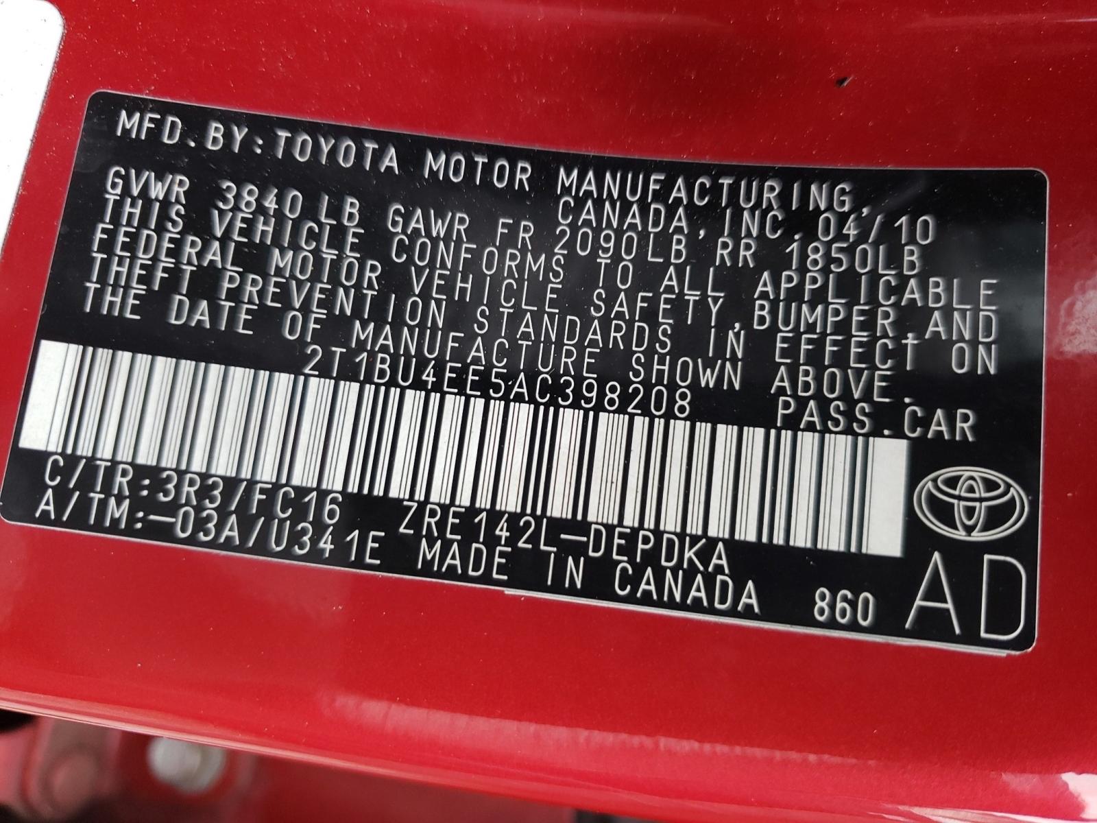 Photo 10 from auction – 2010 TOYOTA COROLLA BA with VIN 2T1BU4EE5AC398208