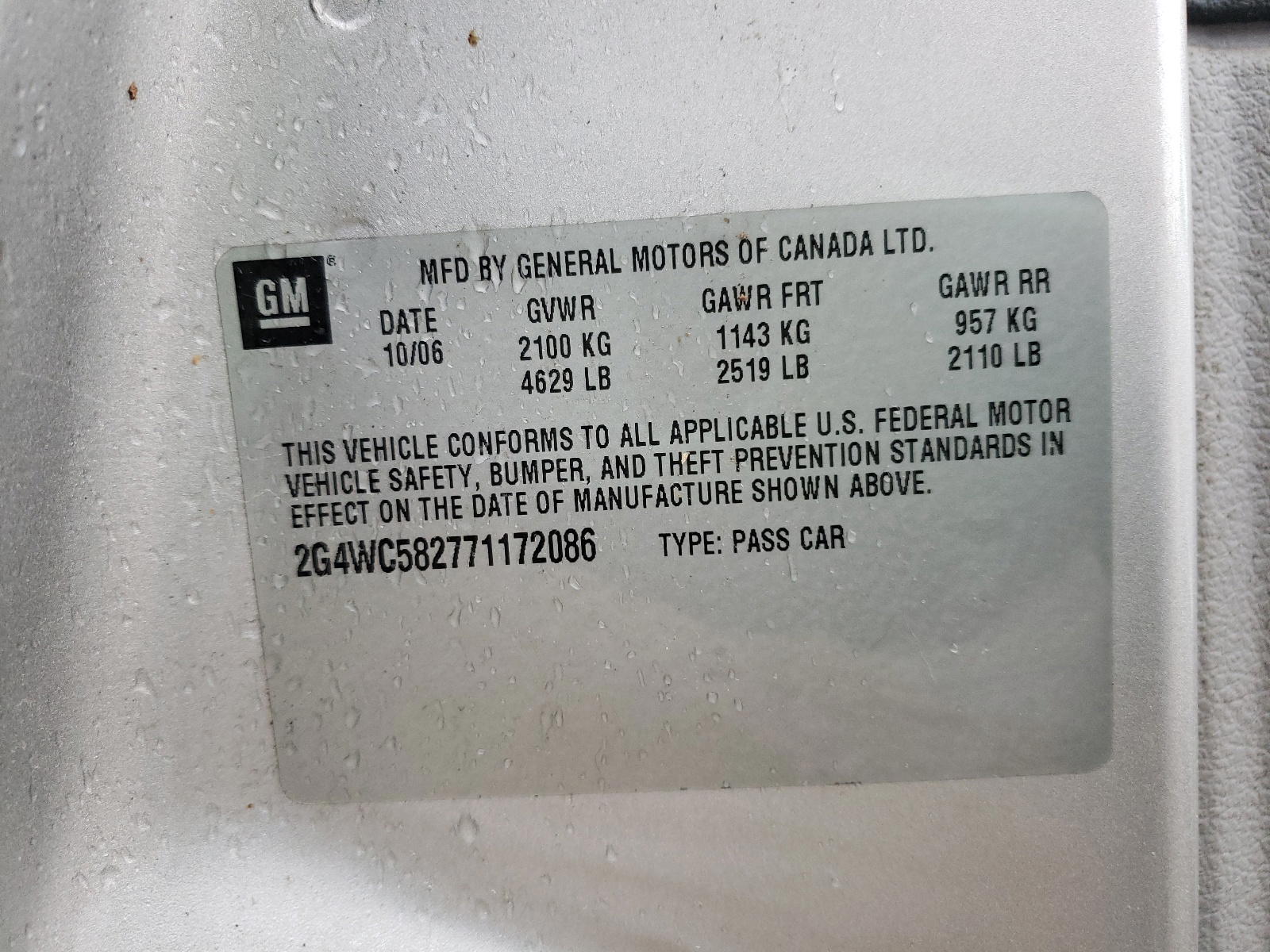 Photo 10 from auction – 2007 BUICK LACROSSE C with VIN 2G4WC582771172086