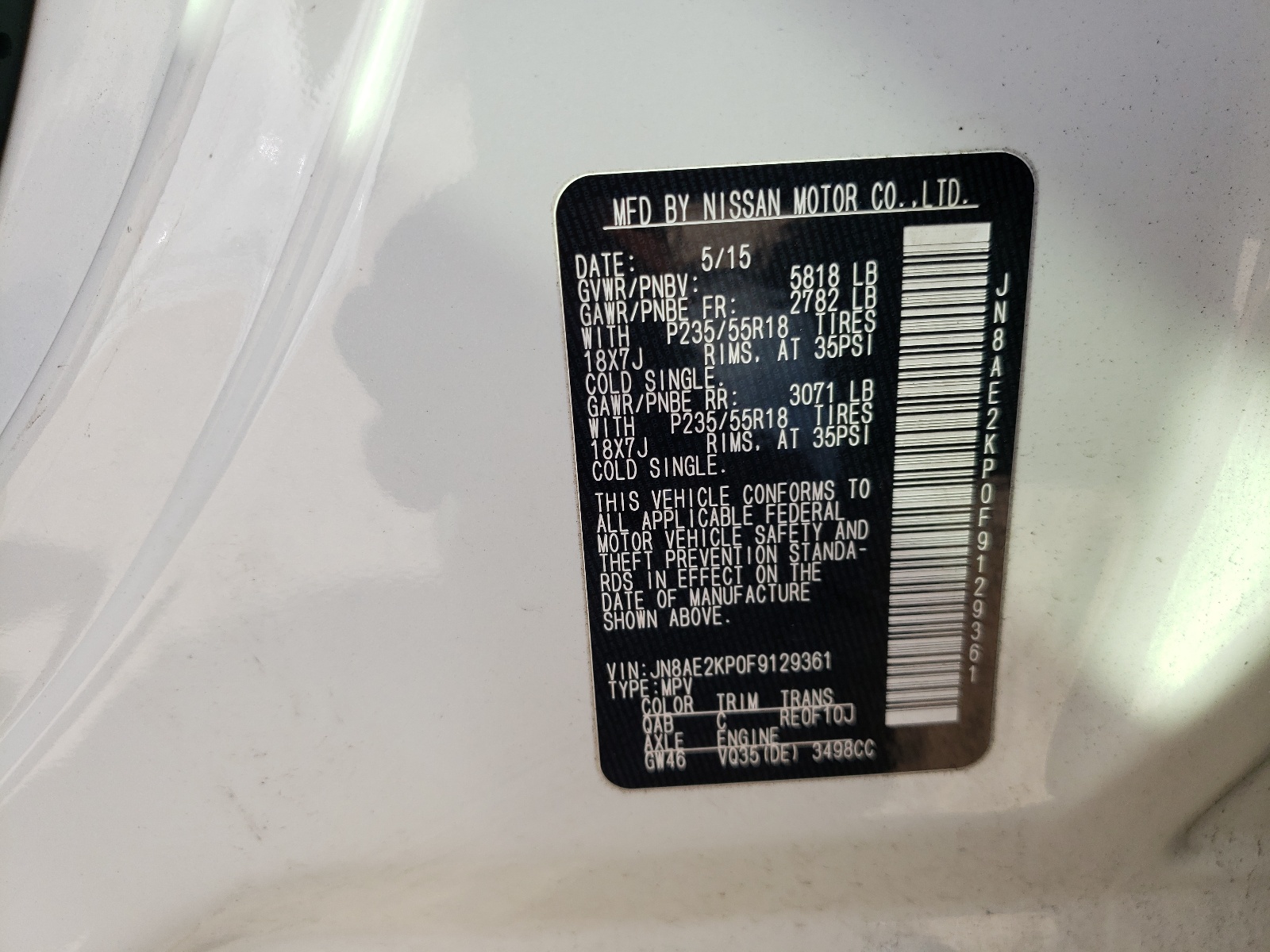 Photo 10 from auction – 2015 NISSAN QUEST S with VIN JN8AE2KP0F9129361