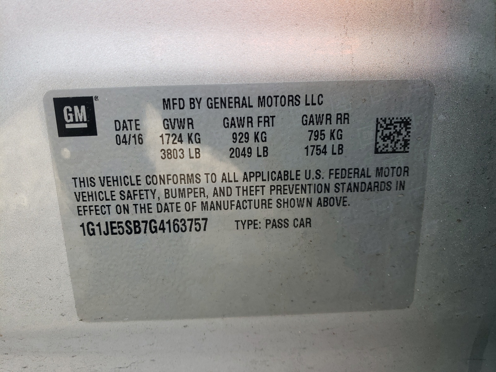 Photo 10 from auction – 2016 CHEVROLET SONIC LTZ with VIN 1G1JE5SB7G4163757