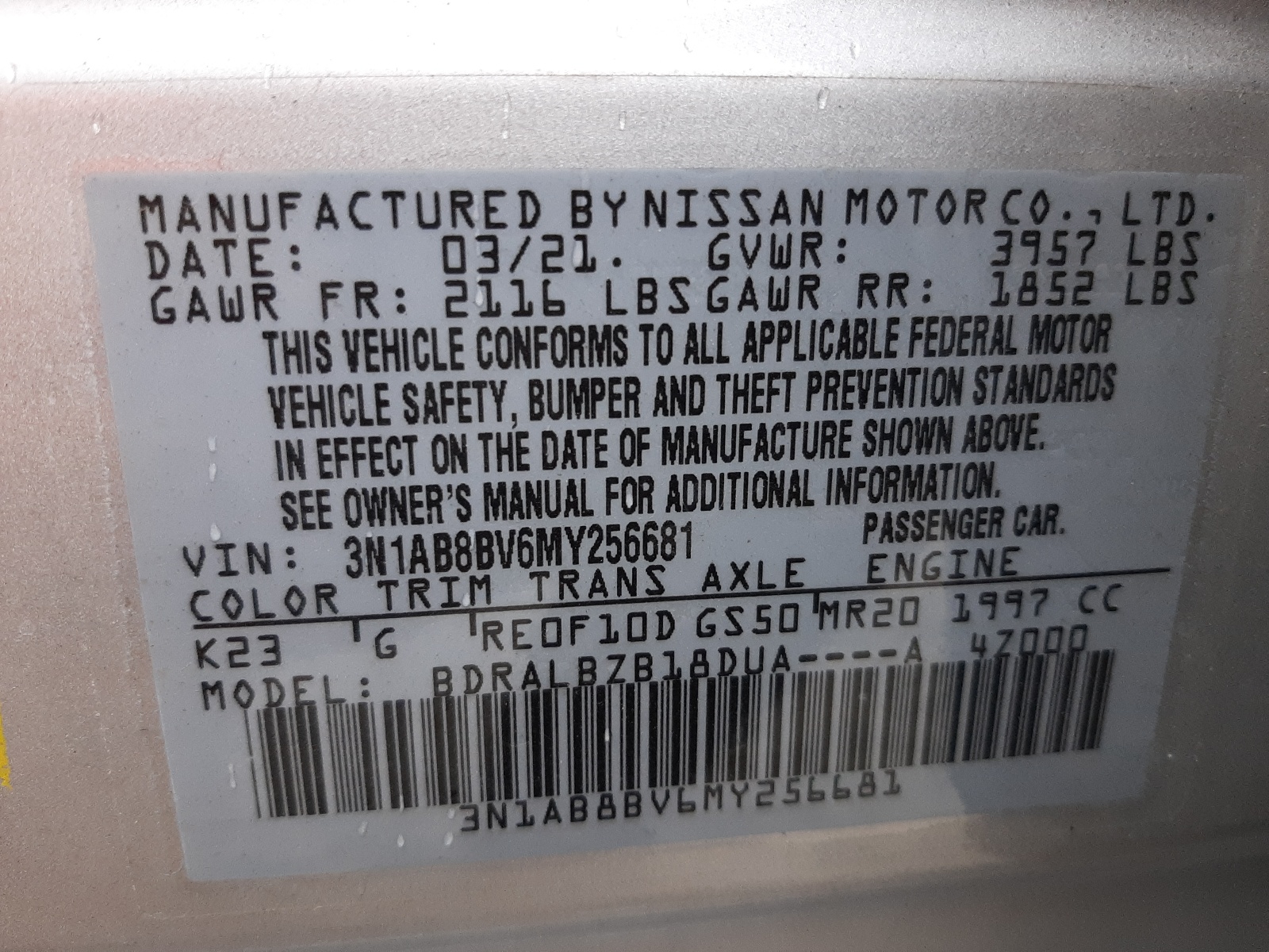 Photo 10 from auction – 2021 NISSAN SENTRA S with VIN 3N1AB8BV6MY256681