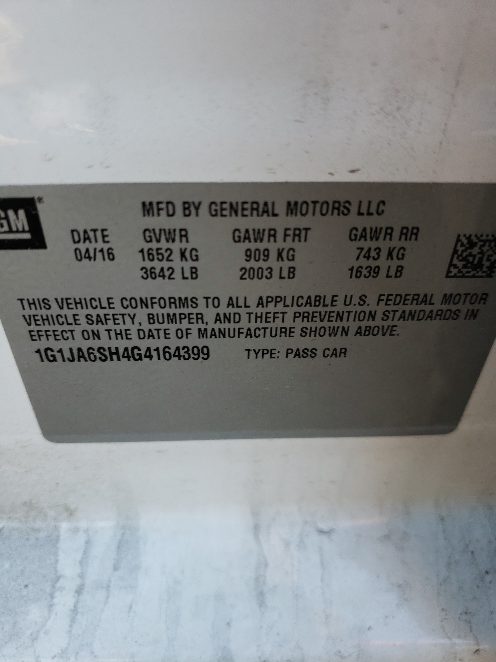 Photo 10 from auction – 2016 CHEVROLET SONIC LS with VIN 1G1JA6SH4G4164399