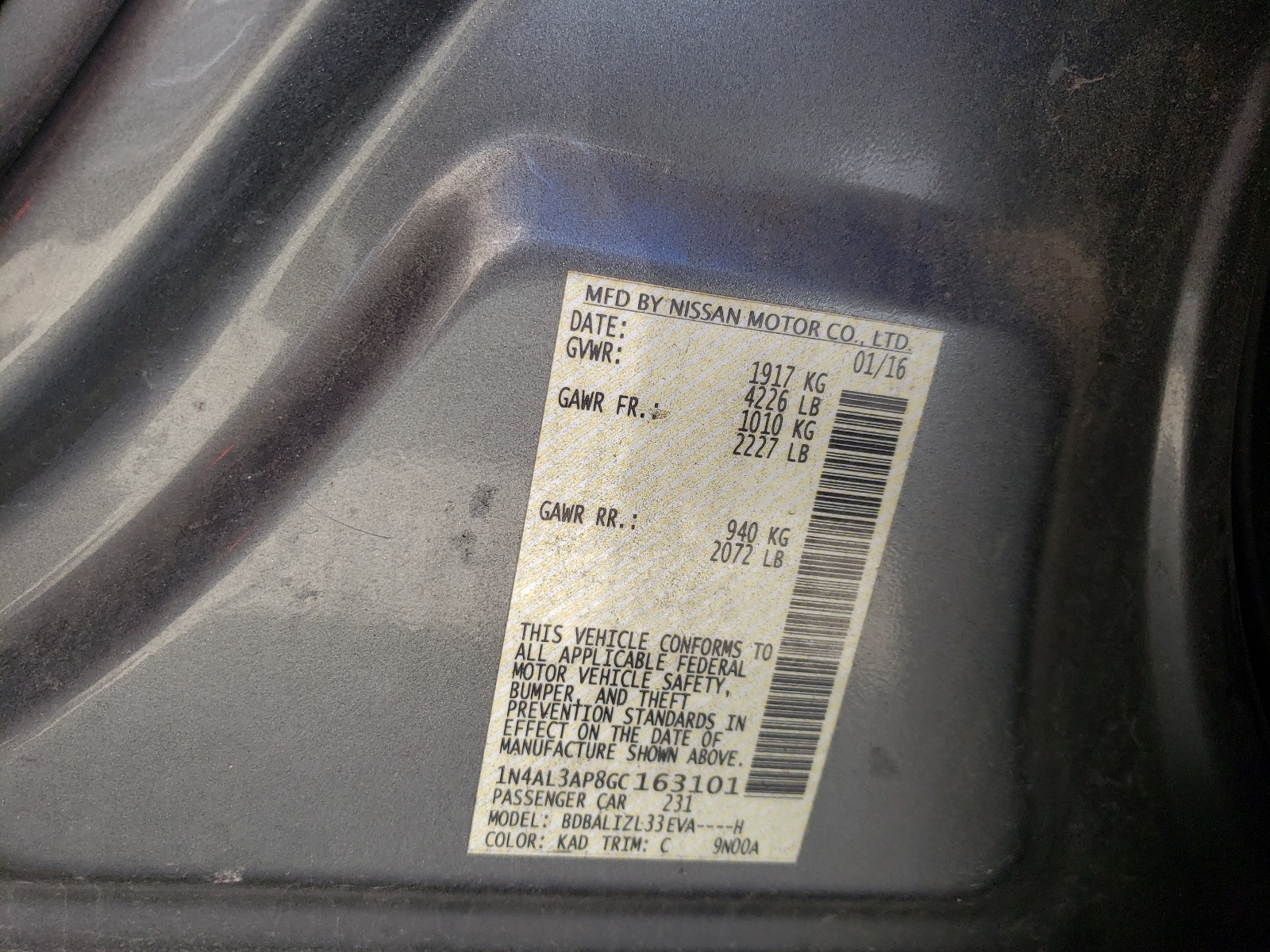 Photo 10 from auction – 2016 NISSAN ALTIMA 2.5 with VIN 1N4AL3AP8GC163101