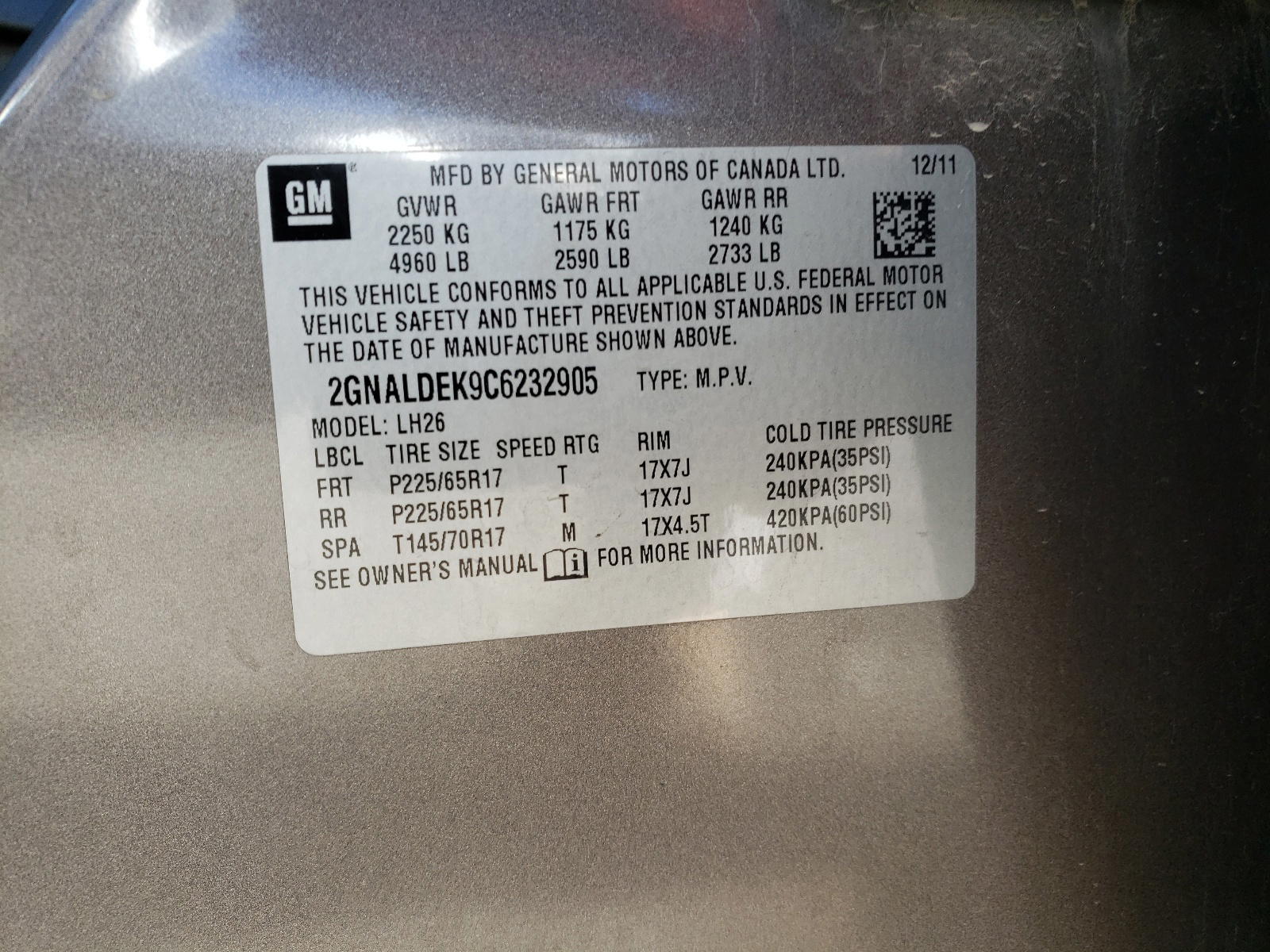 Photo 10 from auction – 2012 CHEVROLET EQUINOX LT with VIN 2GNALDEK9C6232905