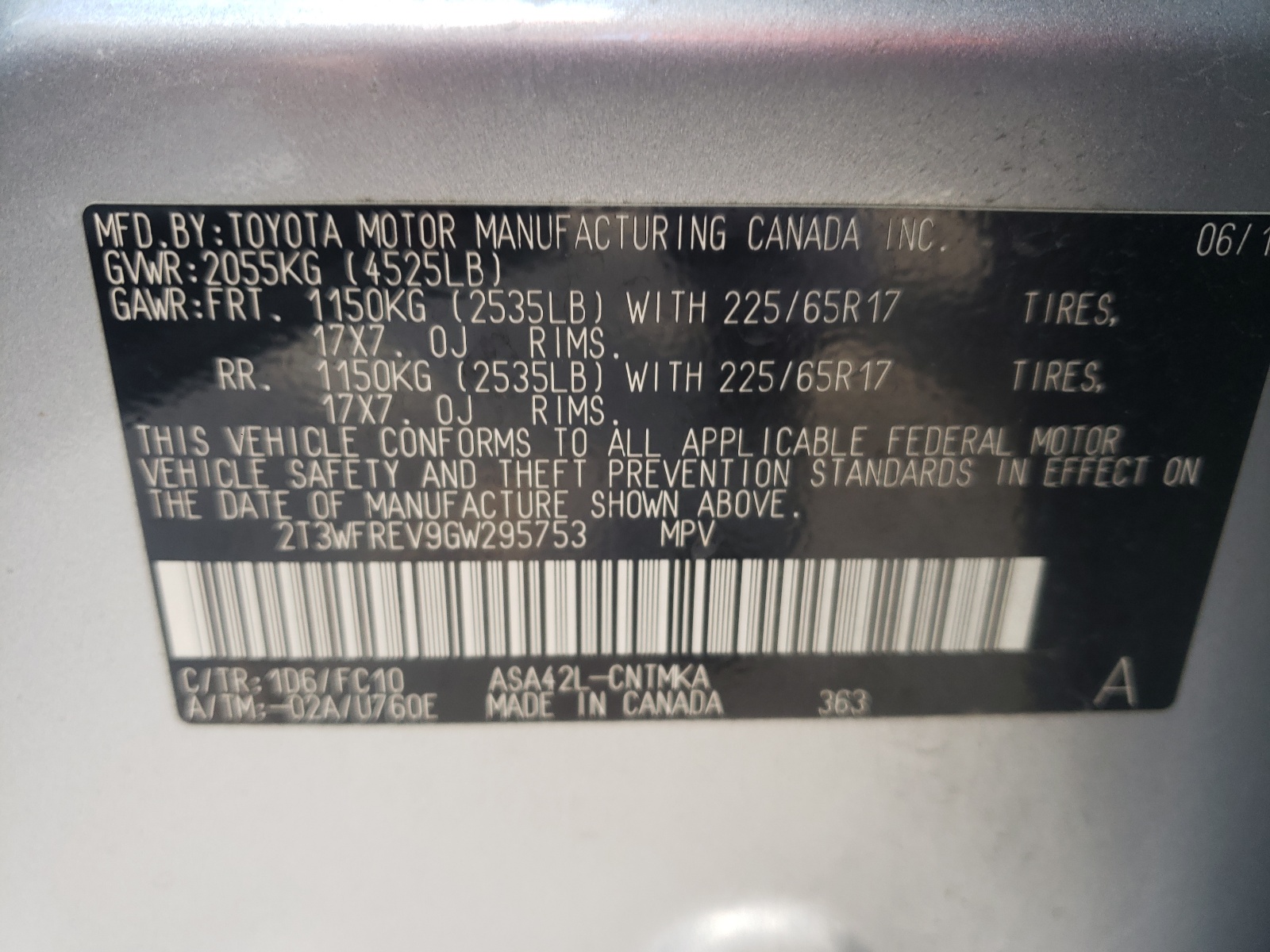 Photo 10 from auction – 2016 TOYOTA RAV4 XLE with VIN 2T3WFREV9GW295753