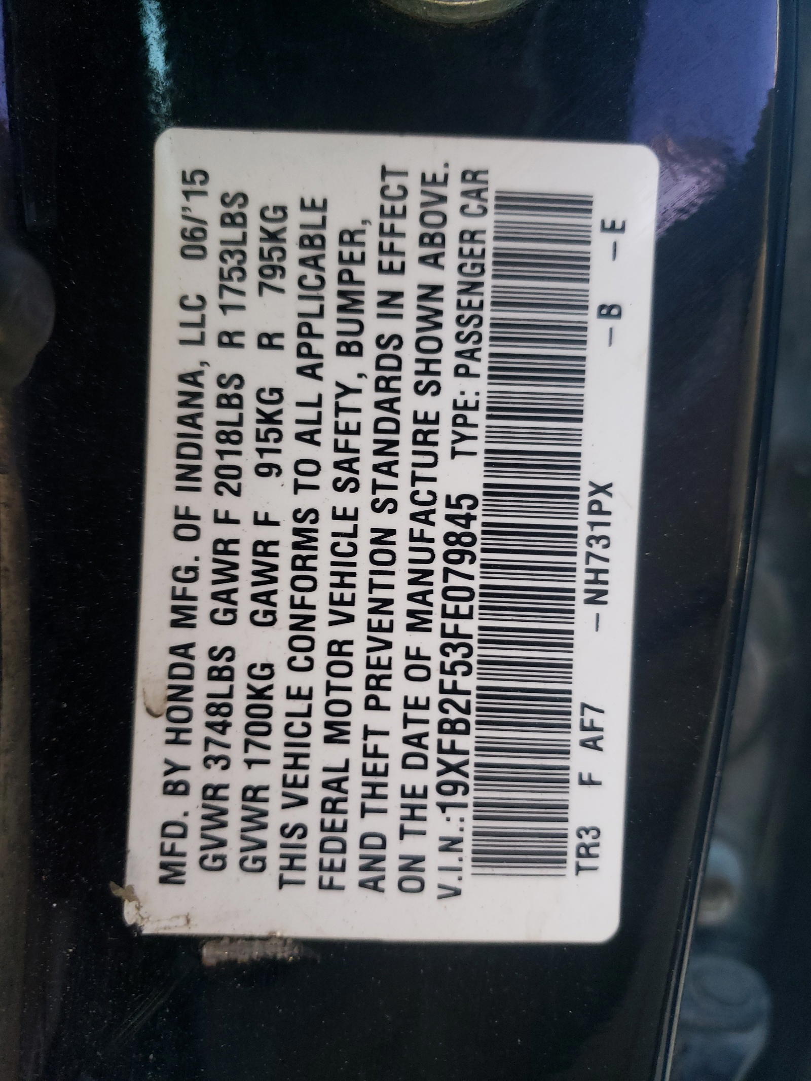 Photo 10 from auction – 2015 HONDA CIVIC LX with VIN 19XFB2F53FE079845