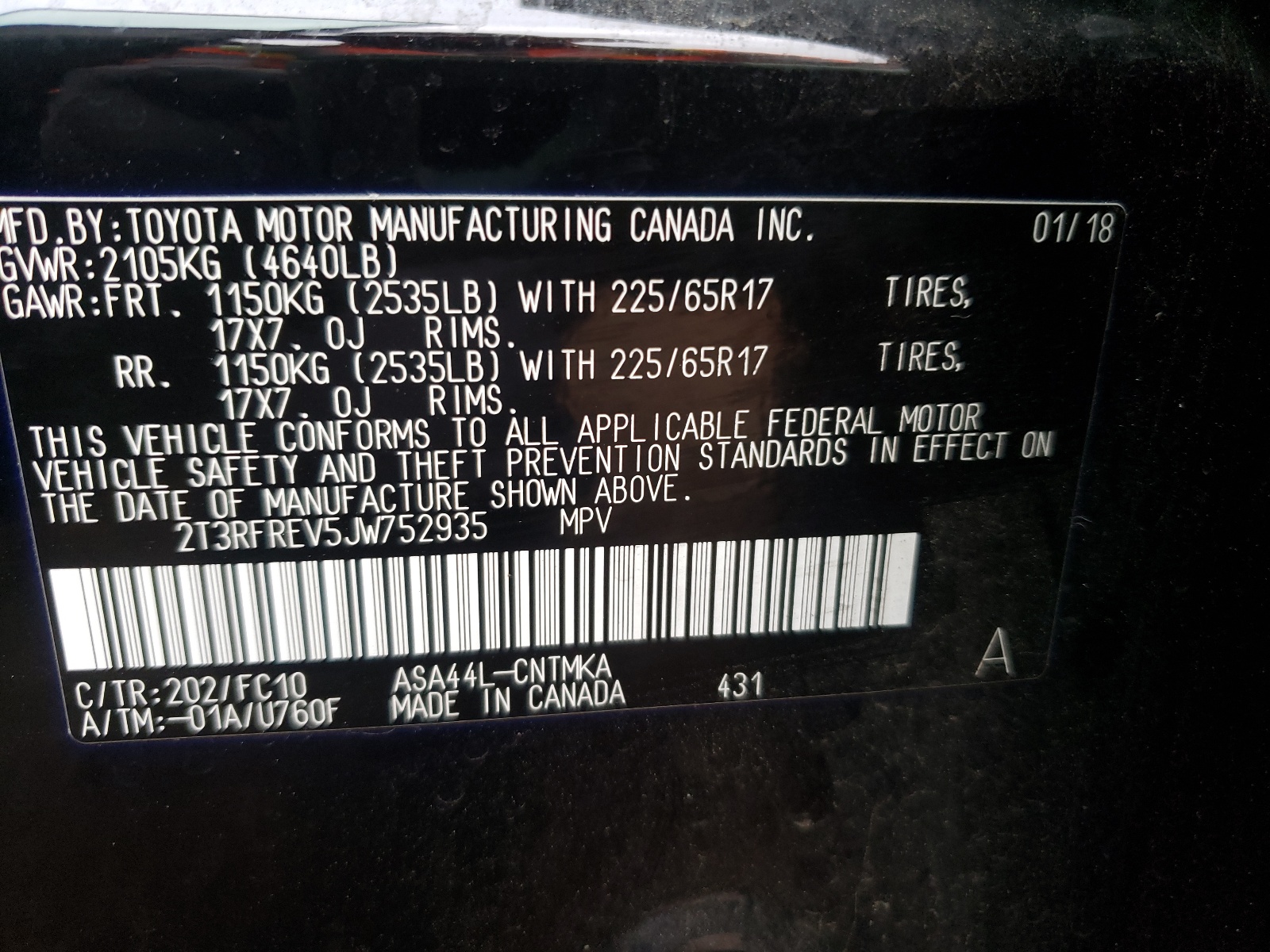 Photo 10 from auction – 2018 TOYOTA RAV4 ADVEN with VIN 2T3RFREV5JW752935