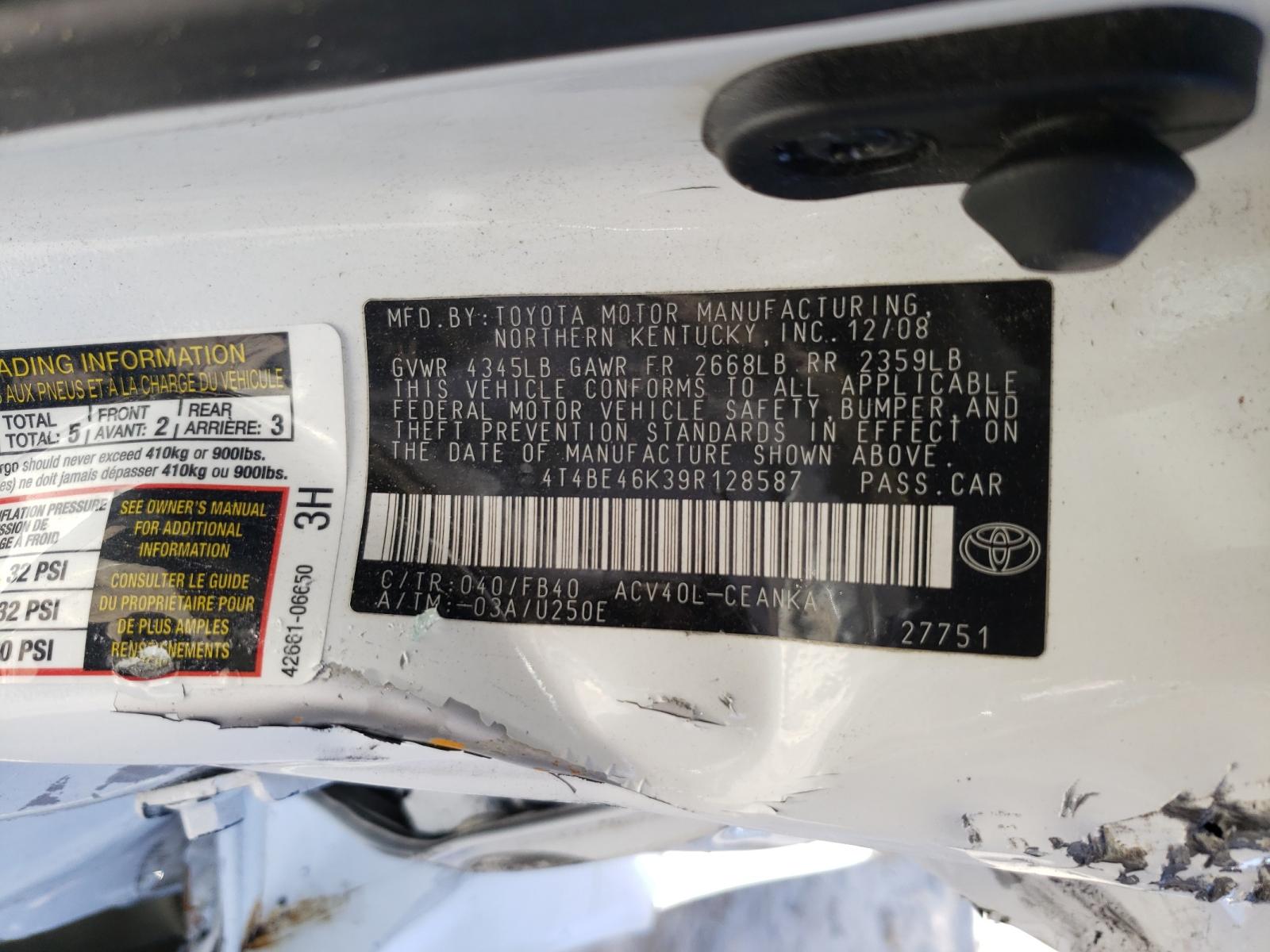 Photo 10 from auction – 2009 TOYOTA CAMRY BASE with VIN 4T4BE46K39R128587