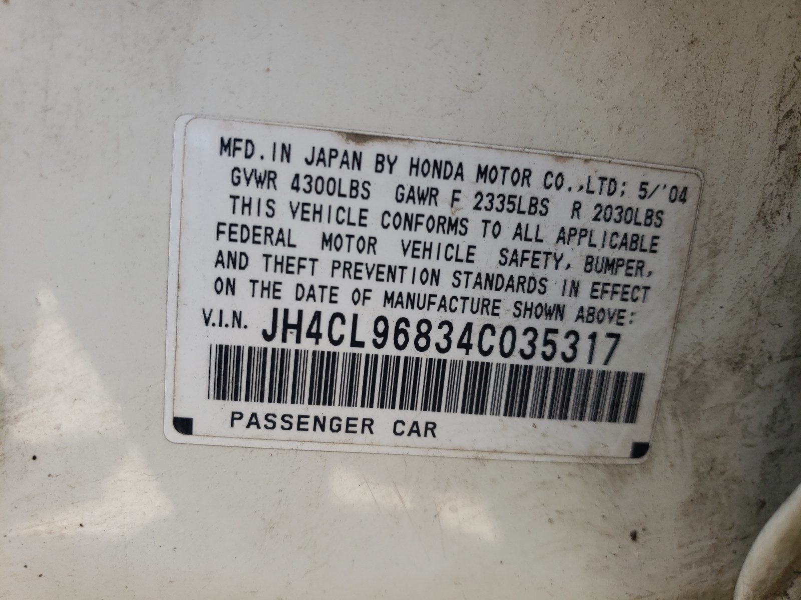 Photo 10 from auction – 2004 ACURA TSX with VIN JH4CL96834C035317