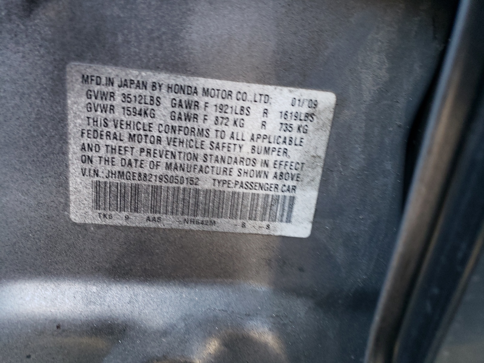 Photo 10 from auction – 2009 HONDA FIT with VIN JHMGE88219S050152