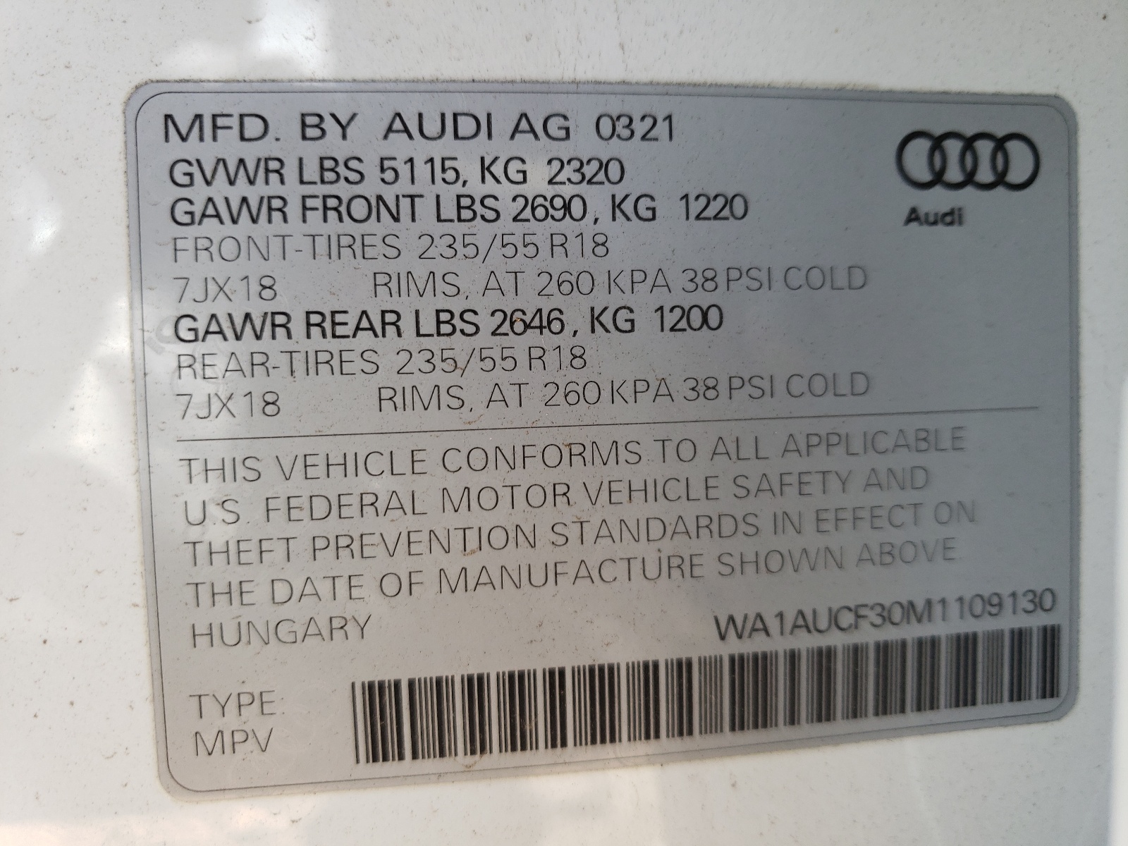Photo 10 from auction – 2021 AUDI Q3 PREMIUM with VIN WA1AUCF30M1109130