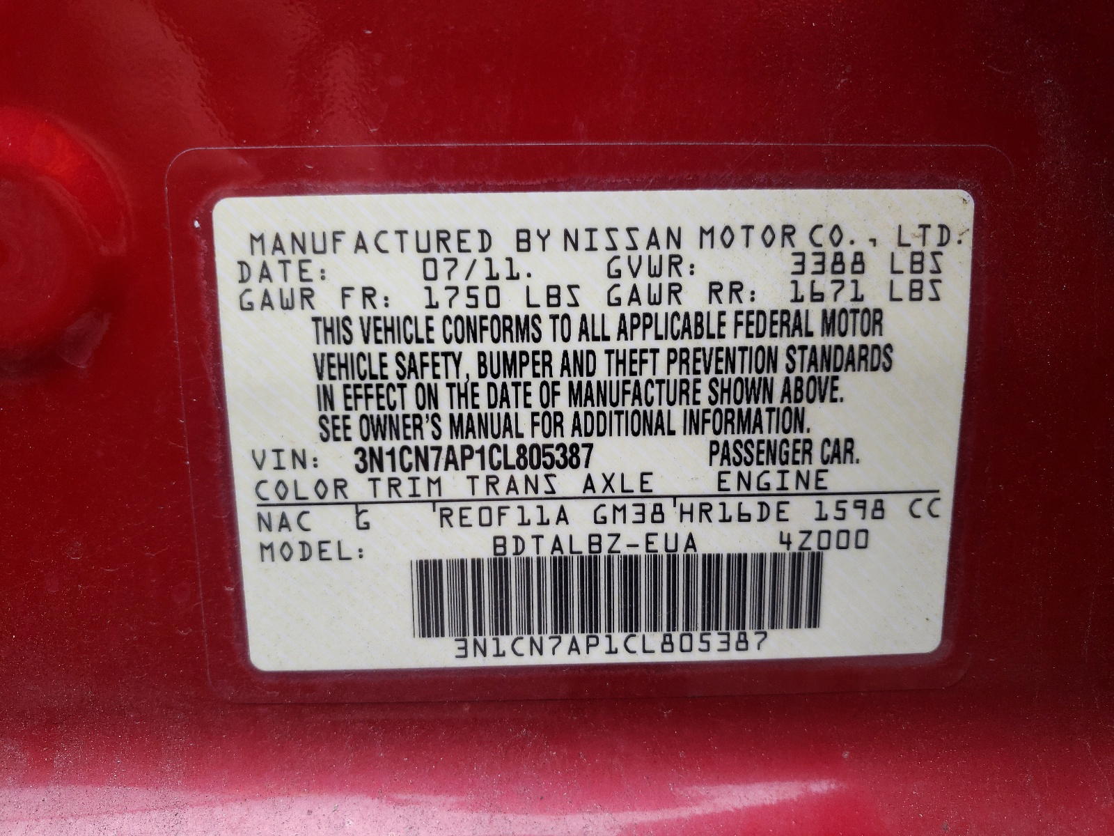 Photo 10 from auction – 2012 NISSAN VERSA S with VIN 3N1CN7AP1CL805387