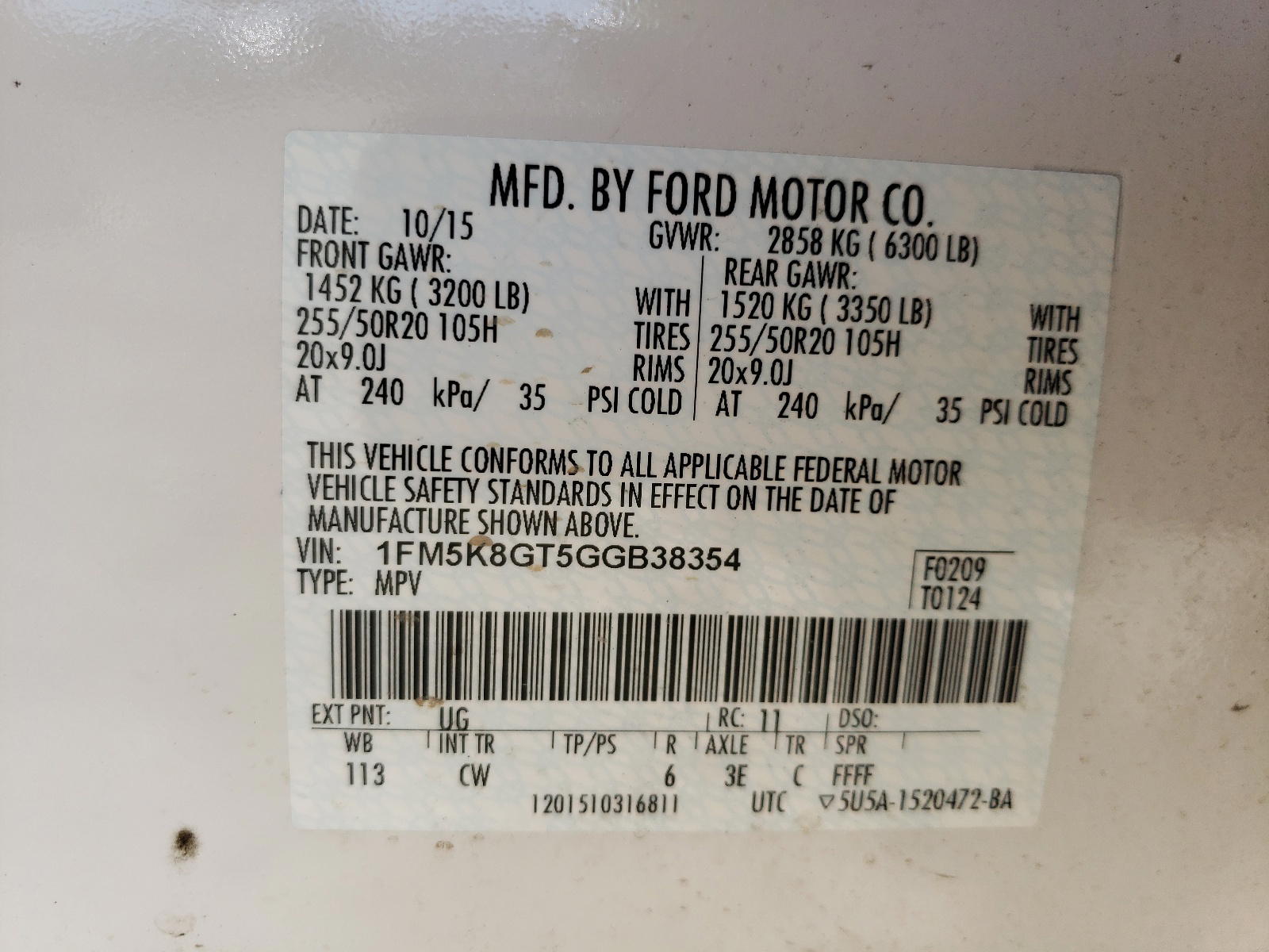 Photo 10 from auction – 2016 FORD EXPLORER S with VIN 1FM5K8GT5GGB38354
