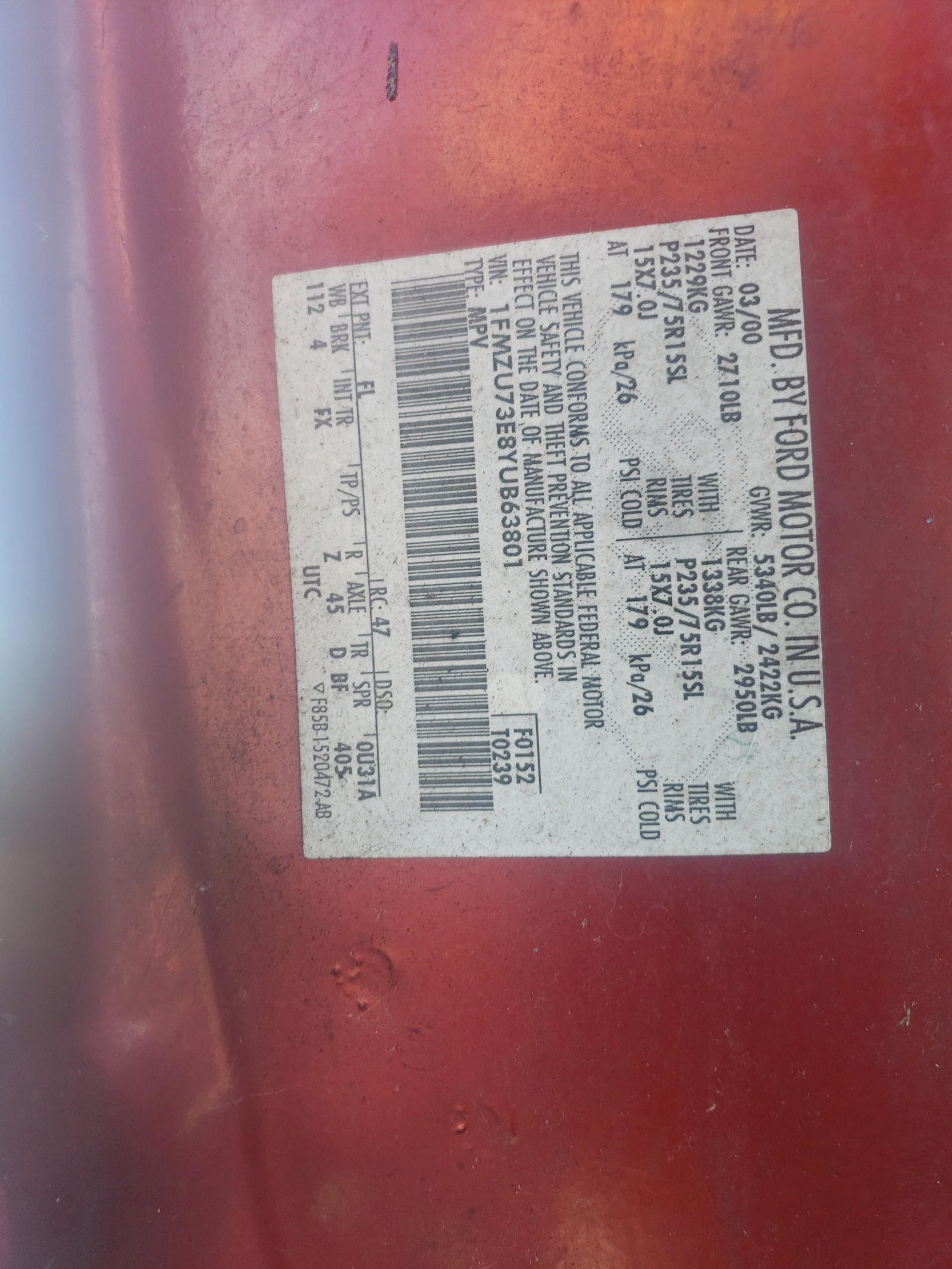 Photo 10 from auction – 2000 FORD EXPLORER X with VIN 1FMZU73E8YUB63801
