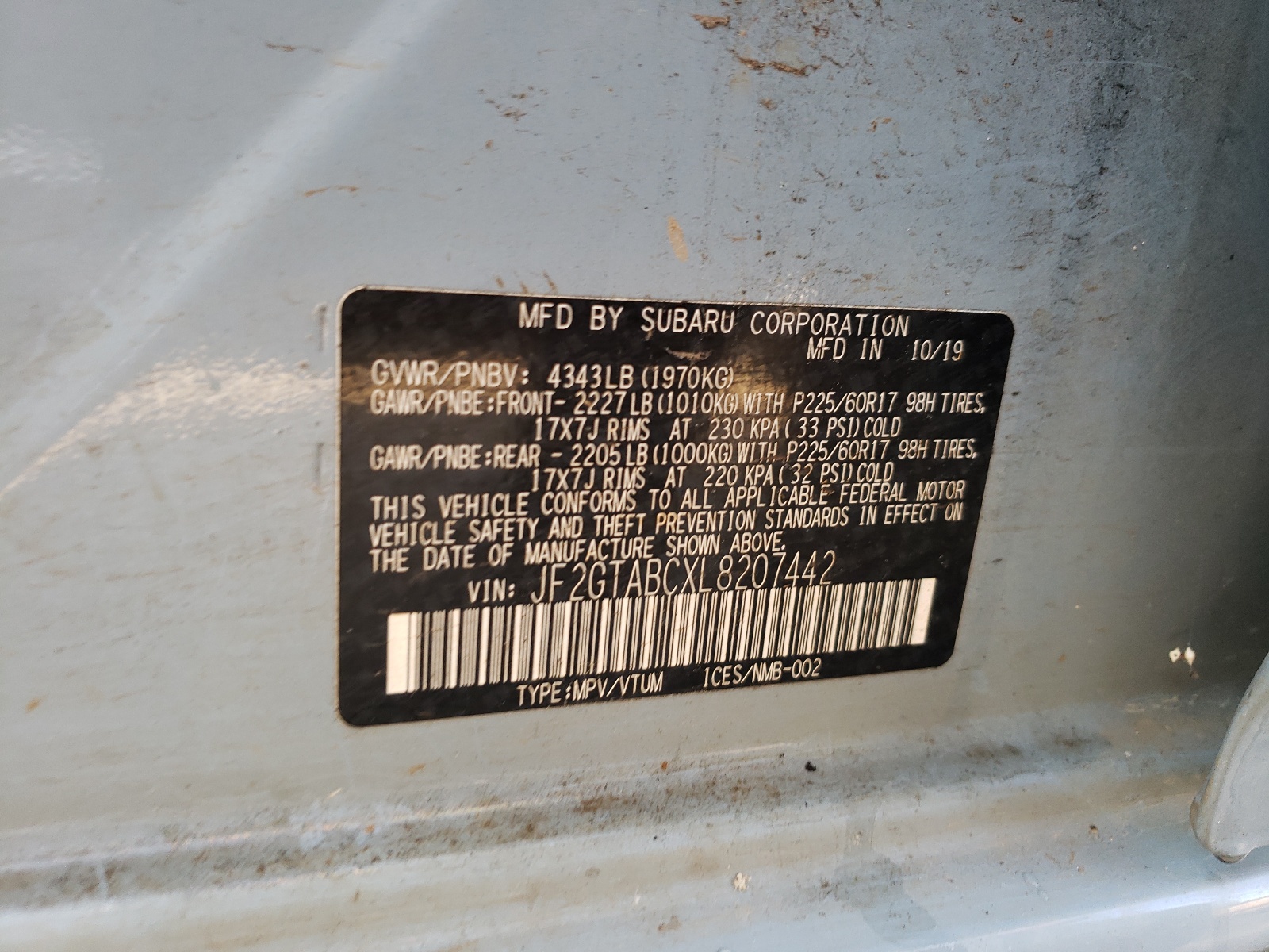 Photo 10 from auction – 2020 SUBARU CROSSTREK with VIN JF2GTABCXL8207442