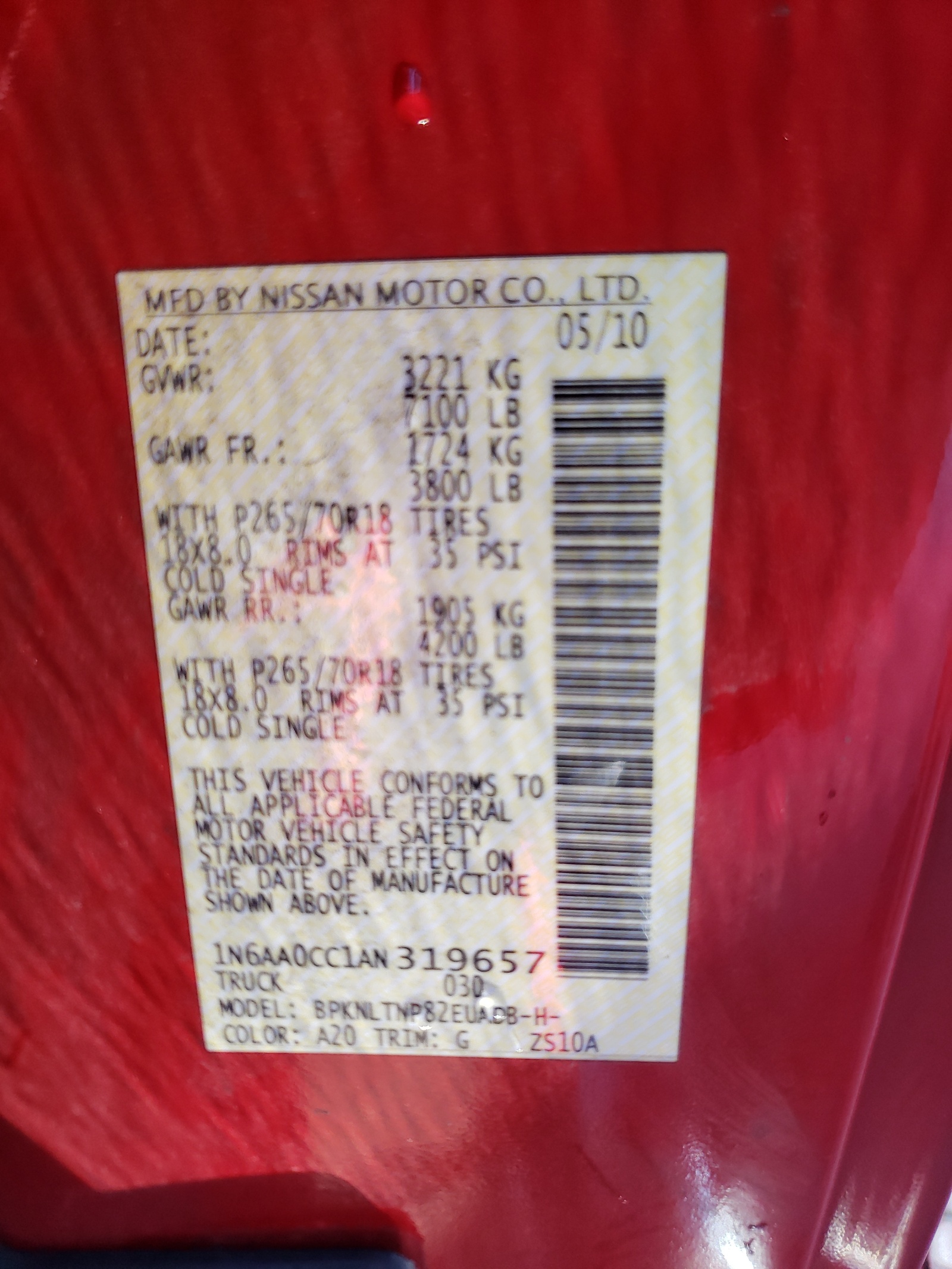 Photo 10 from auction – 2010 NISSAN TITAN XE with VIN 1N6AA0CC1AN319657