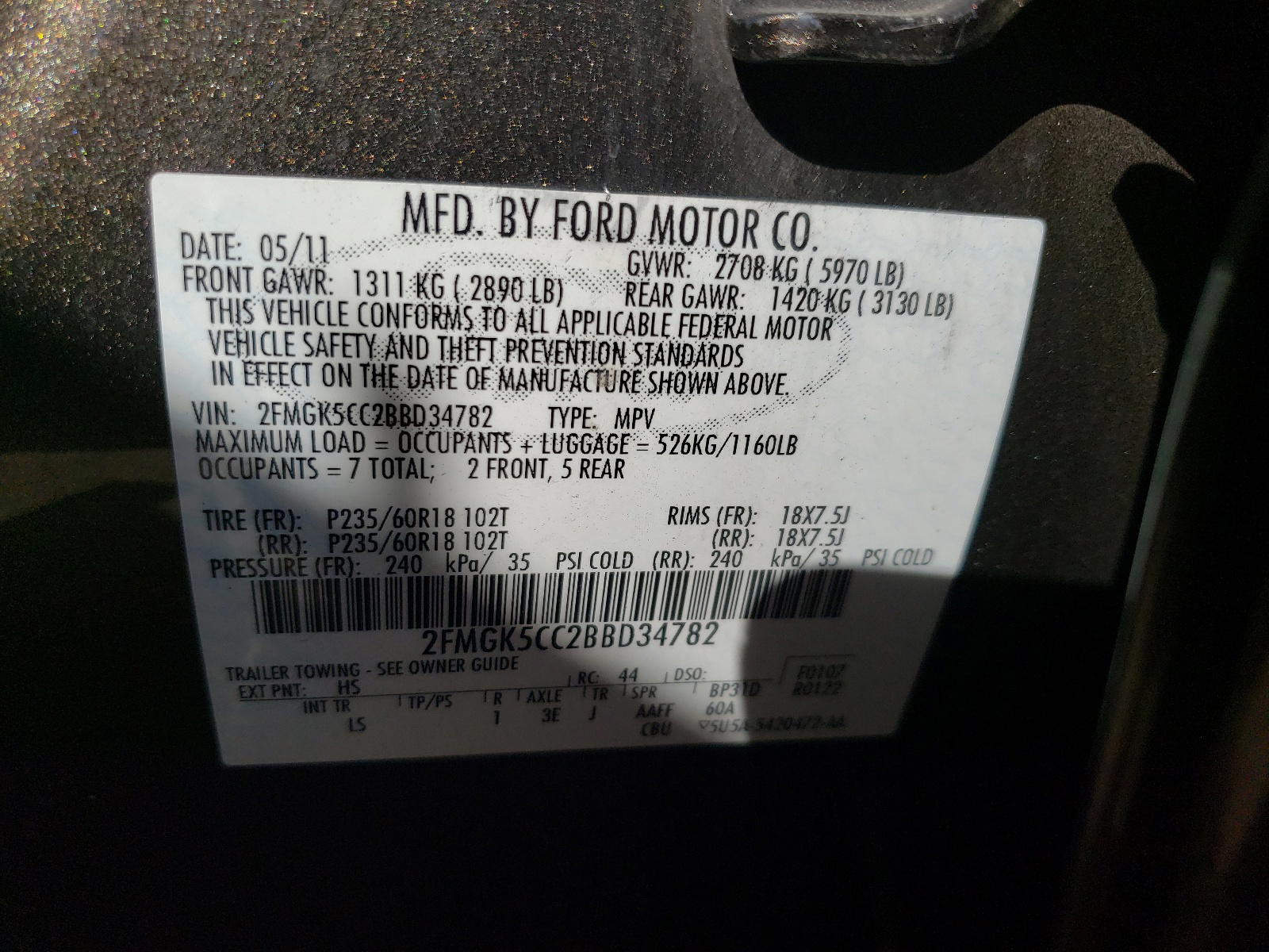 Photo 10 from auction – 2011 FORD FLEX SEL with VIN 2FMGK5CC2BBD34782