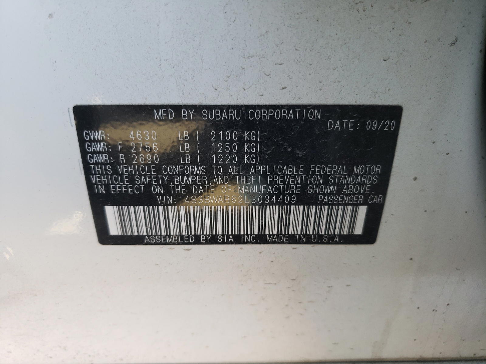 Photo 10 from auction – 2020 SUBARU LEGACY with VIN 4S3BWAB62L3034409