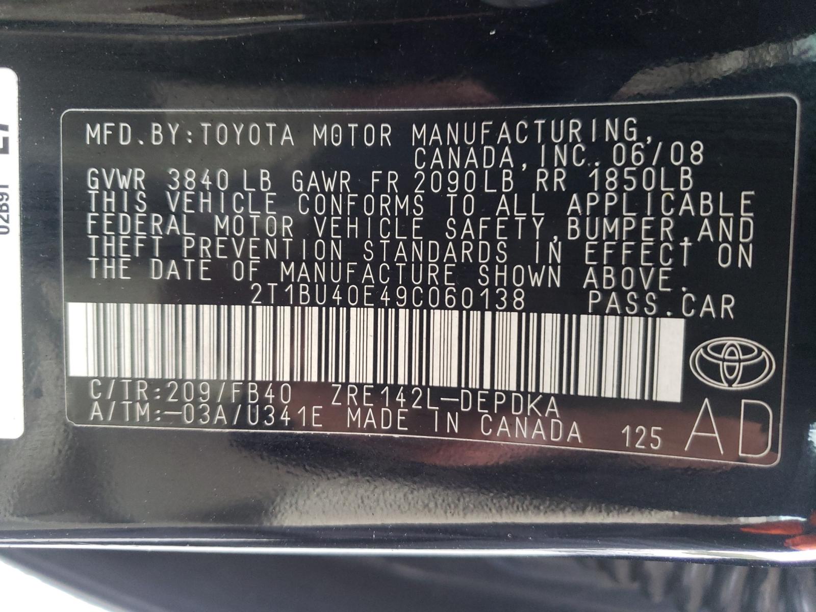 Photo 10 from auction – 2009 TOYOTA COROLLA BA with VIN 2T1BU40E49C060138
