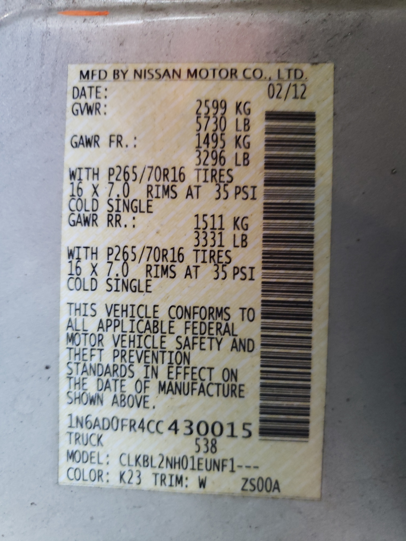 Photo 10 from auction – 2012 NISSAN FRONTIER S with VIN 1N6AD0FR4CC430015