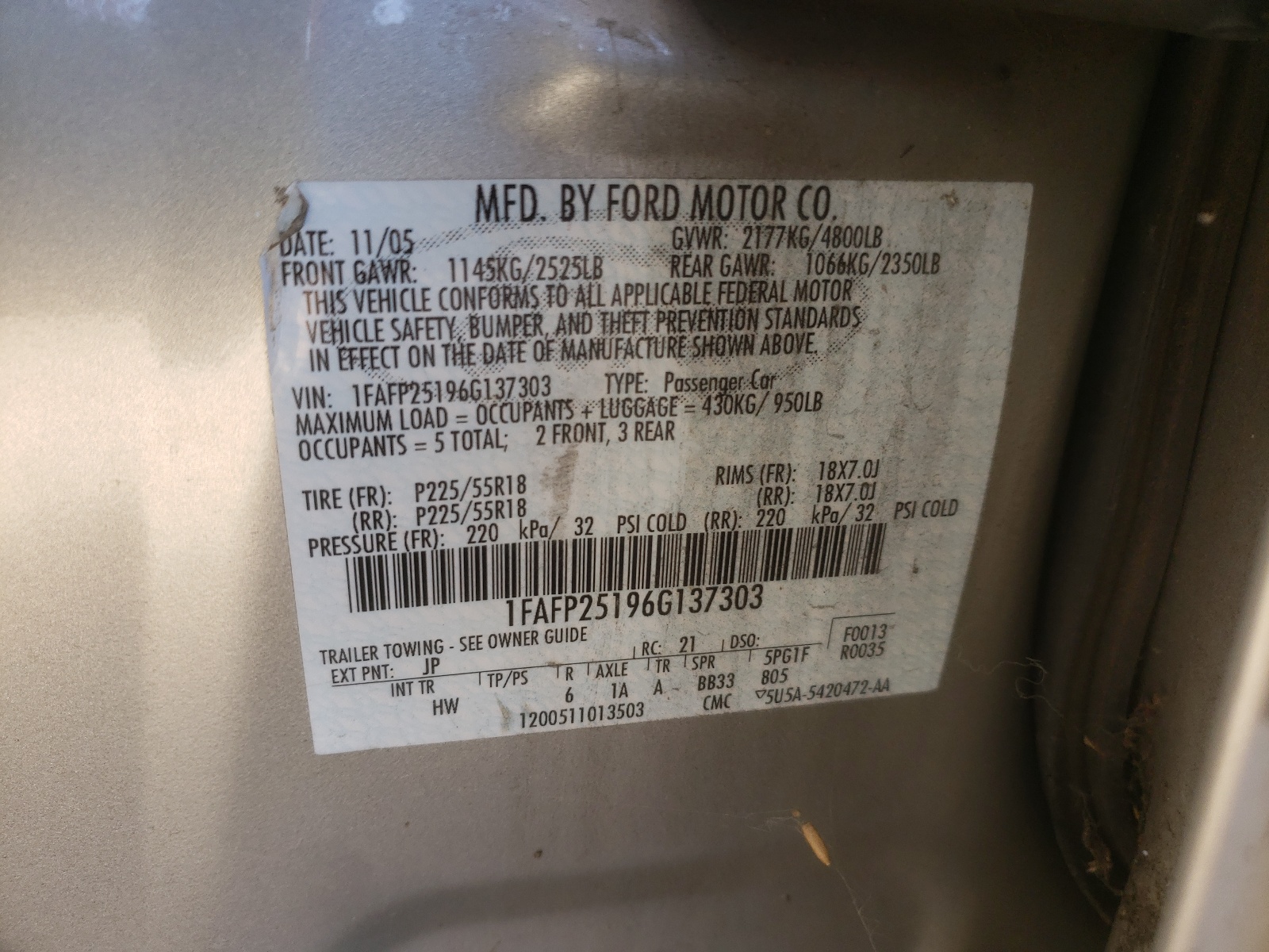 Photo 10 from auction – 2006 FORD FIVE HUNDR with VIN 1FAFP25196G137303