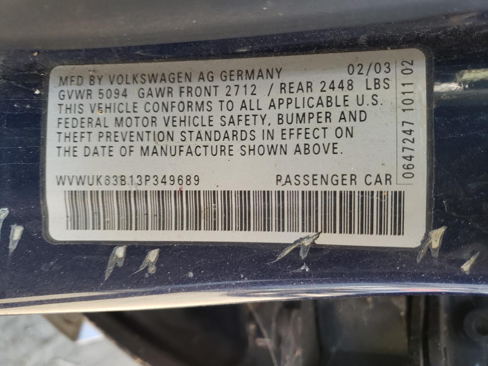 Photo 10 from auction – 2003 VOLKSWAGEN PASSAT W8 with VIN WVWUK63B13P349689