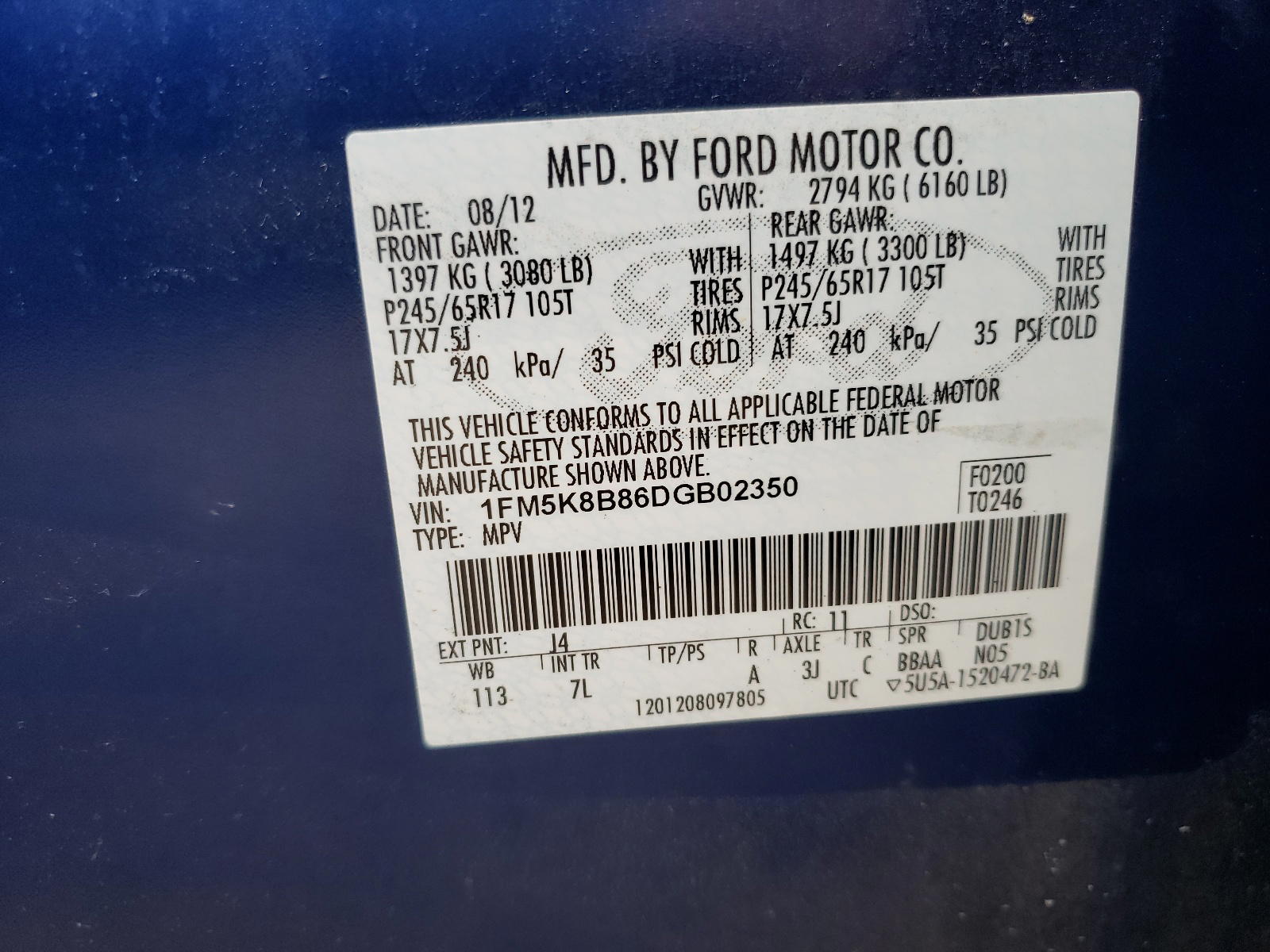 Photo 10 from auction – 2013 FORD EXPLORER with VIN 1FM5K8B86DGB02350