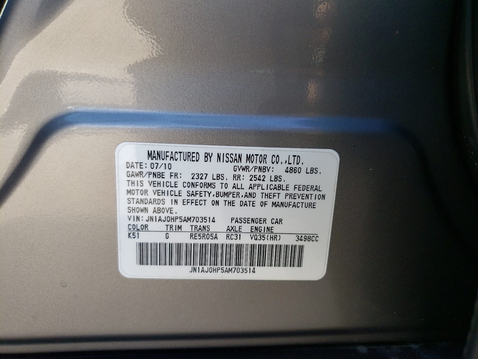Photo 10 from auction – 2010 INFINITI EX35 BASE with VIN JN1AJ0HP5AM703514