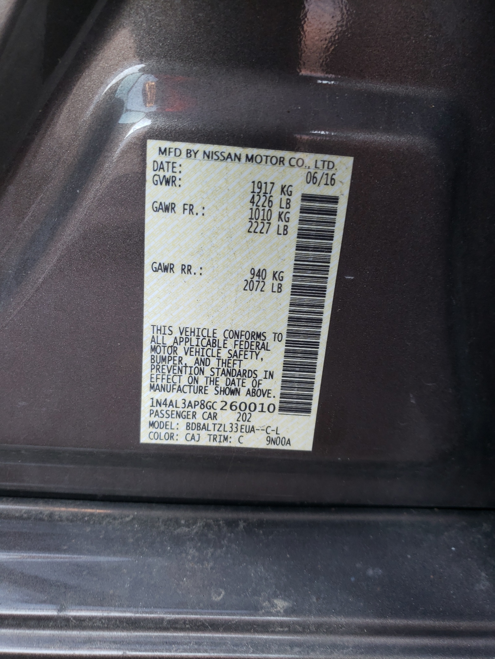 Photo 10 from auction – 2016 NISSAN ALTIMA 2.5 with VIN 1N4AL3AP8GC260010