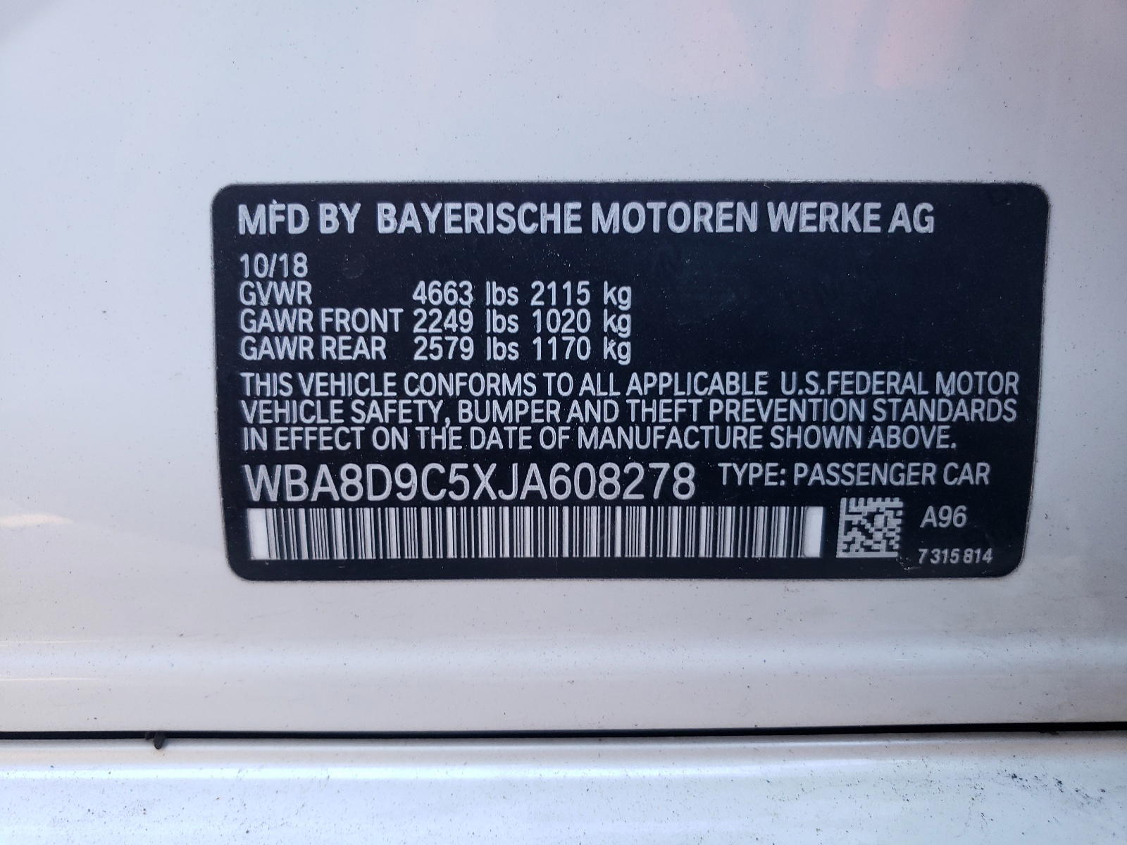 Photo 10 from auction – 2018 BMW 330 XI with VIN WBA8D9C5XJA608278