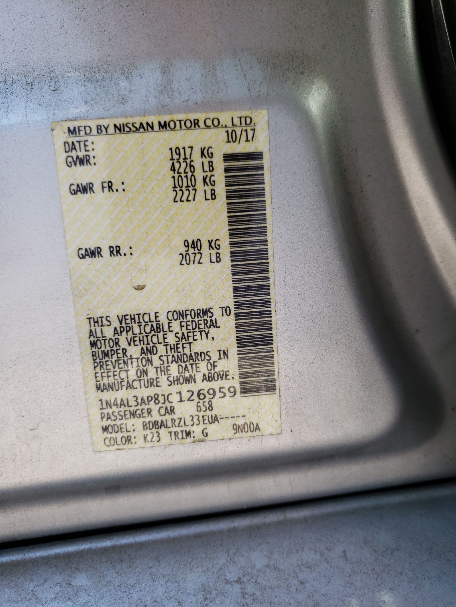 Photo 10 from auction – 2018 NISSAN ALTIMA 2.5 with VIN 1N4AL3AP8JC126959