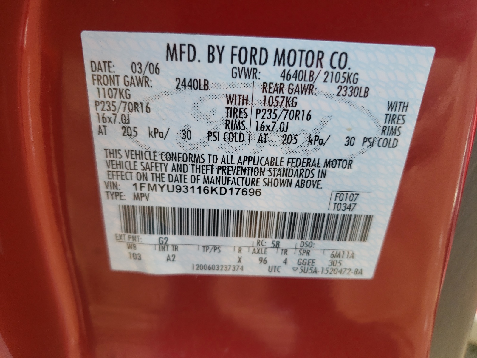 Photo 10 from auction – 2006 FORD ESCAPE XLT with VIN 1FMYU93116KD17696