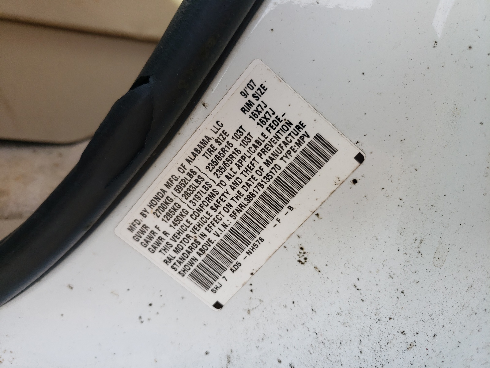 Photo 10 from auction – 2007 HONDA ODYSSEY EX with VIN 5FNRL38617B135170