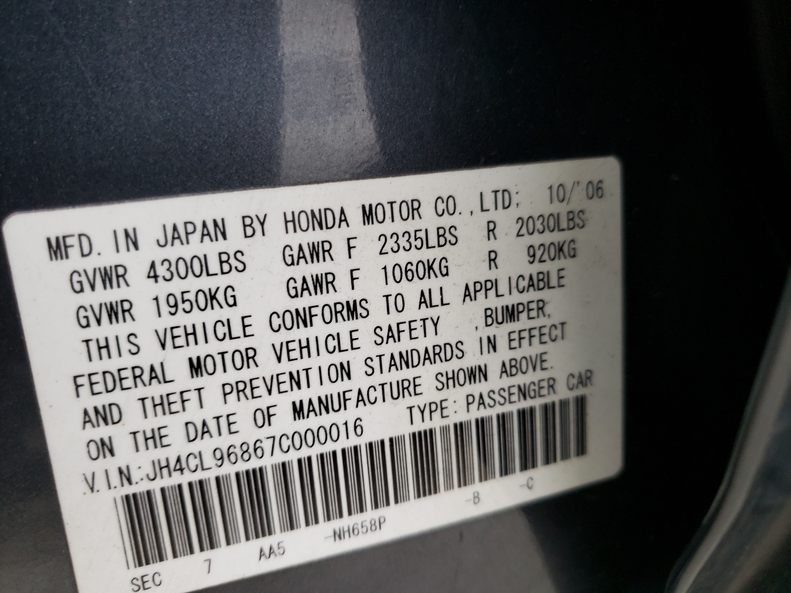 Photo 10 from auction – 2007 ACURA TSX with VIN JH4CL96867C000016