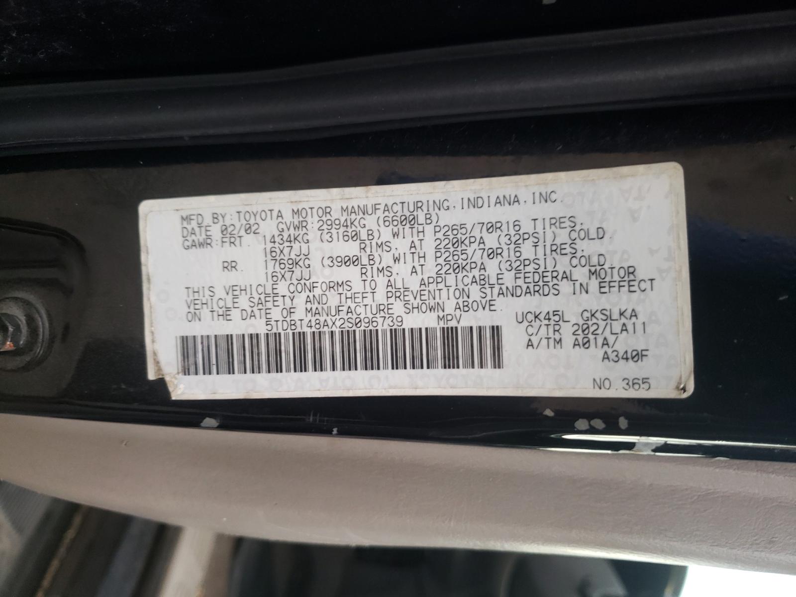 Photo 10 from auction – 2002 TOYOTA SEQUOIA LI with VIN 5TDBT48AX2S096739
