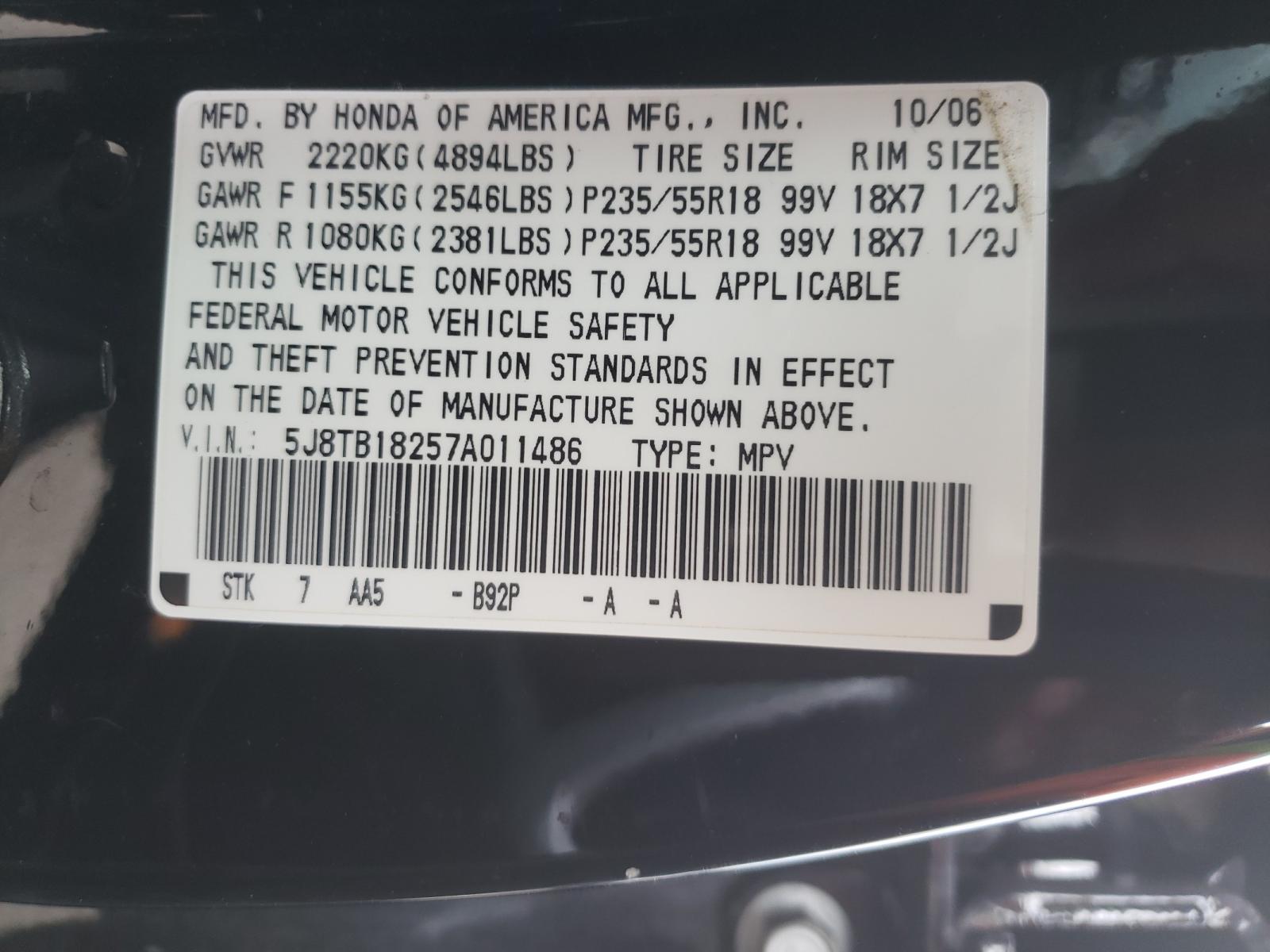 Photo 10 from auction – 2007 ACURA RDX with VIN 5J8TB18257A011486