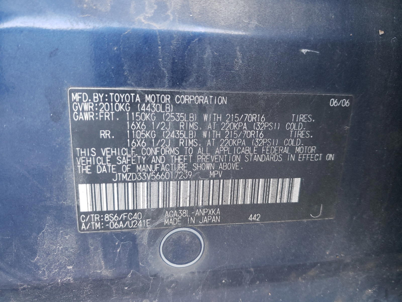 Photo 10 from auction – 2006 TOYOTA RAV4 with VIN JTMZD33V566017239