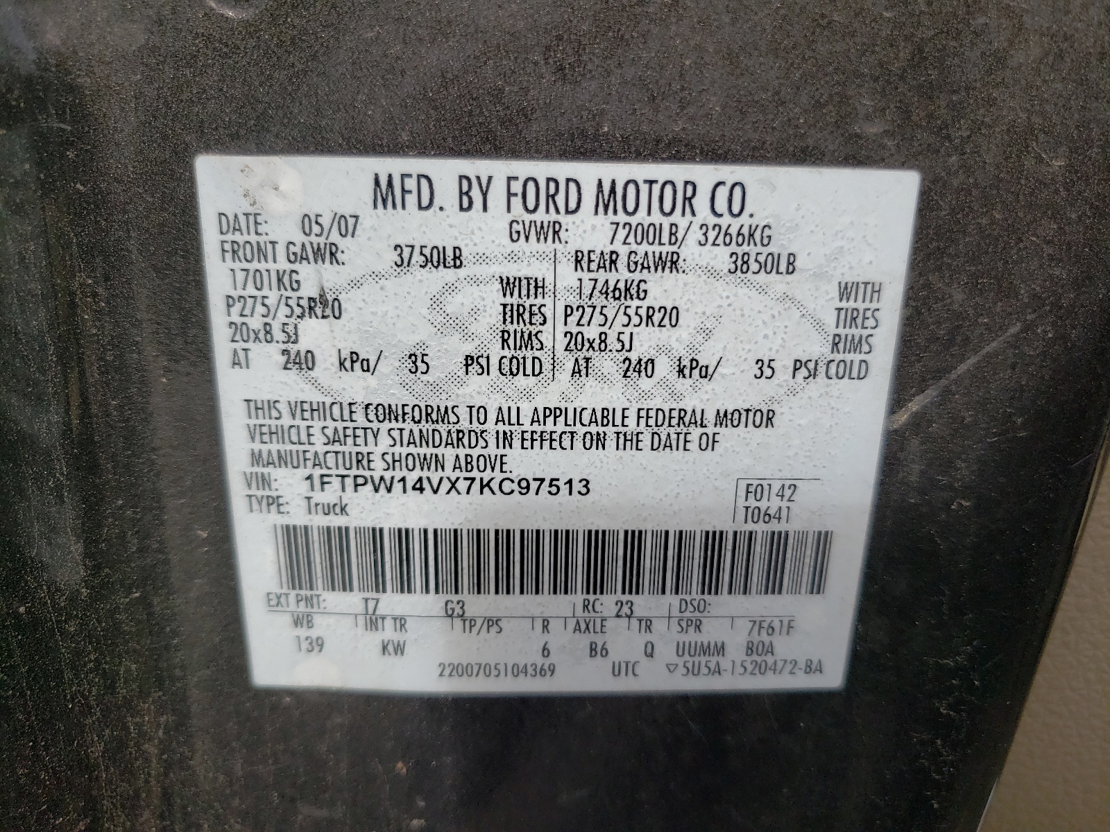 Photo 10 from auction – 2007 FORD F150 SUPER with VIN 1FTPW14VX7KC97513