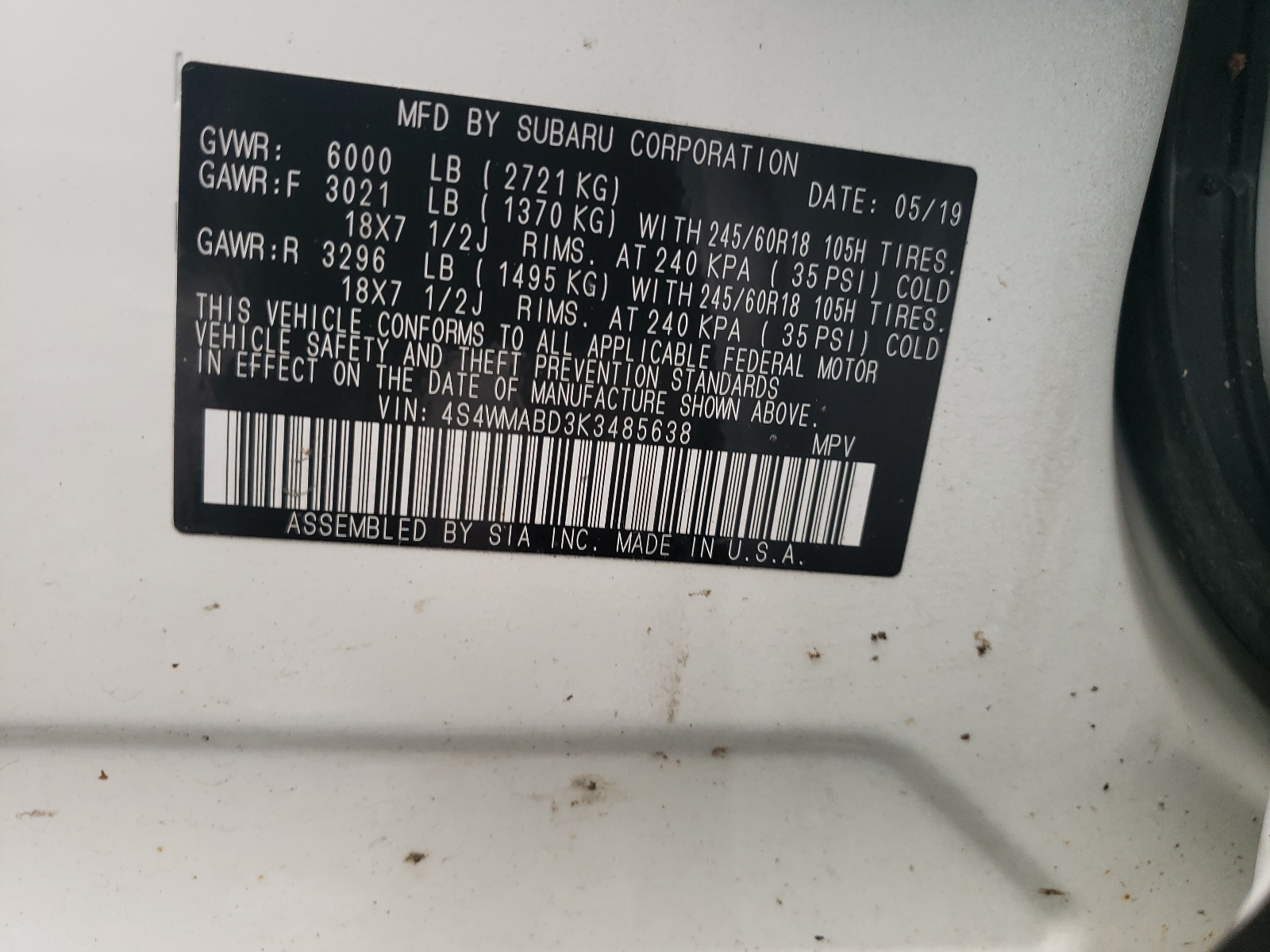 Photo 10 from auction – 2019 SUBARU ASCENT PRE with VIN 4S4WMABD3K3485638