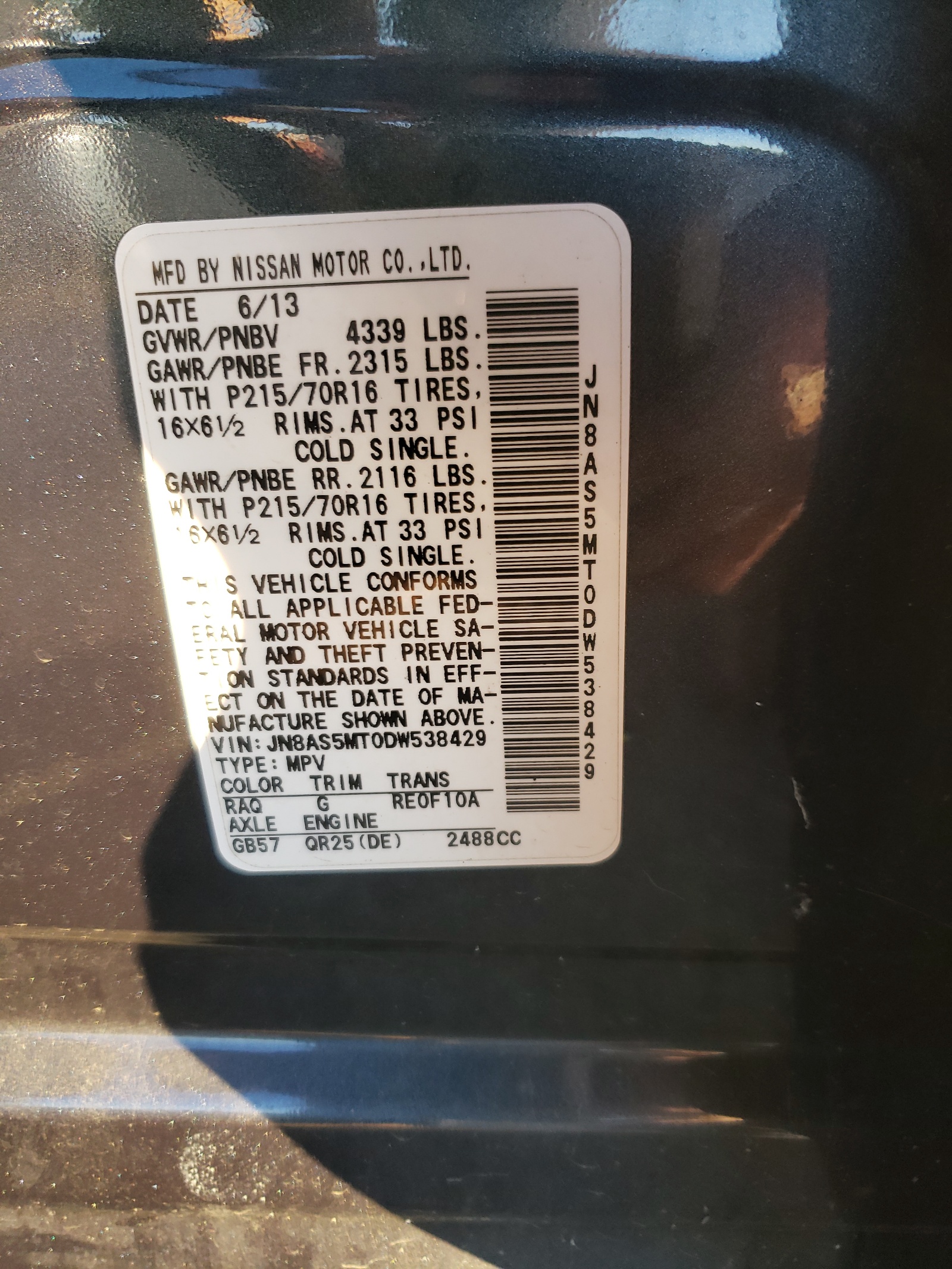 Photo 10 from auction – 2013 NISSAN ROGUE S with VIN JN8AS5MT0DW538429