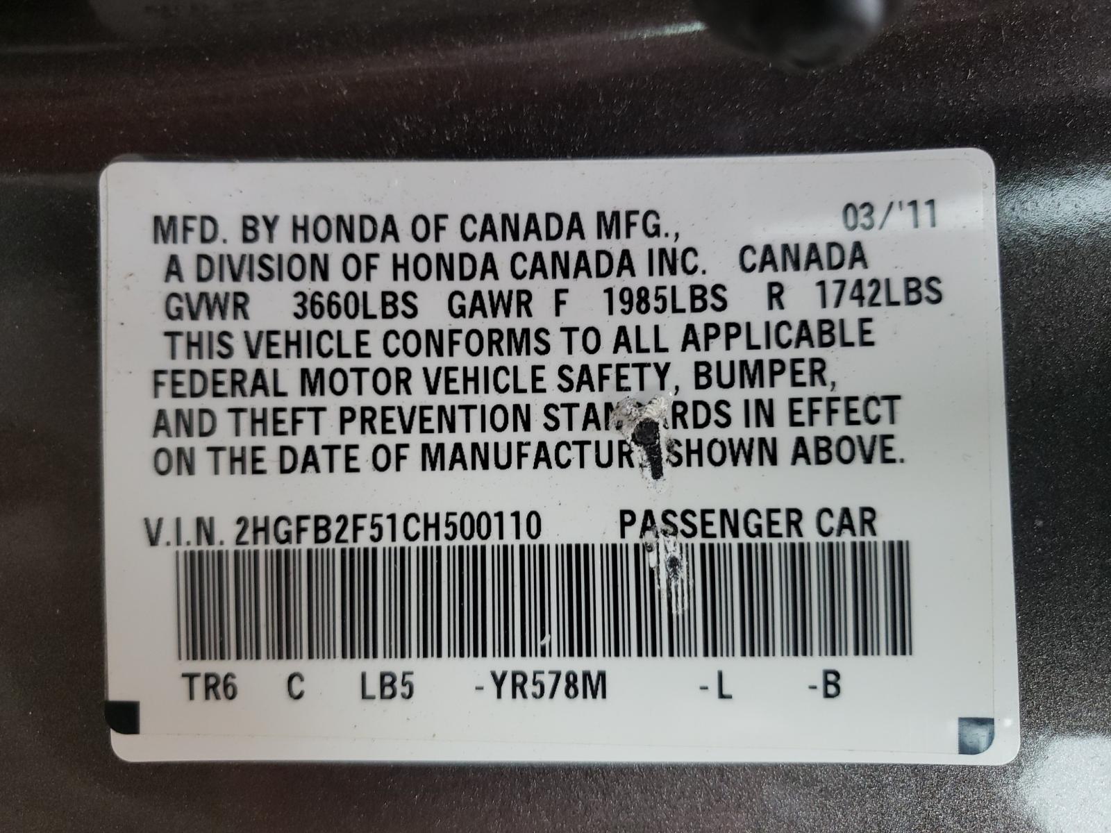 Photo 10 from auction – 2012 HONDA CIVIC LX with VIN 2HGFB2F51CH500110