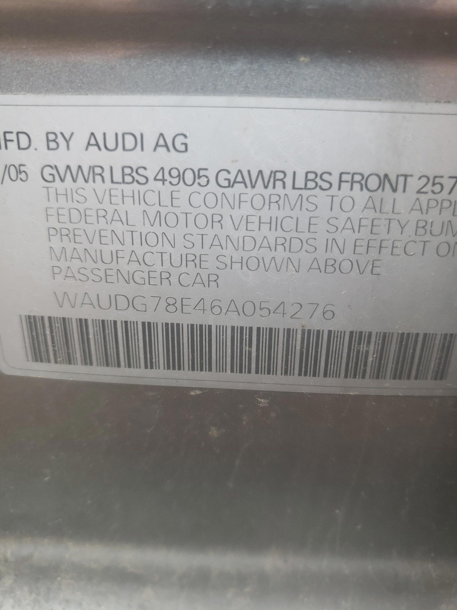 Photo 10 from auction – 2006 AUDI A4 with VIN WAUDG78E46A054276