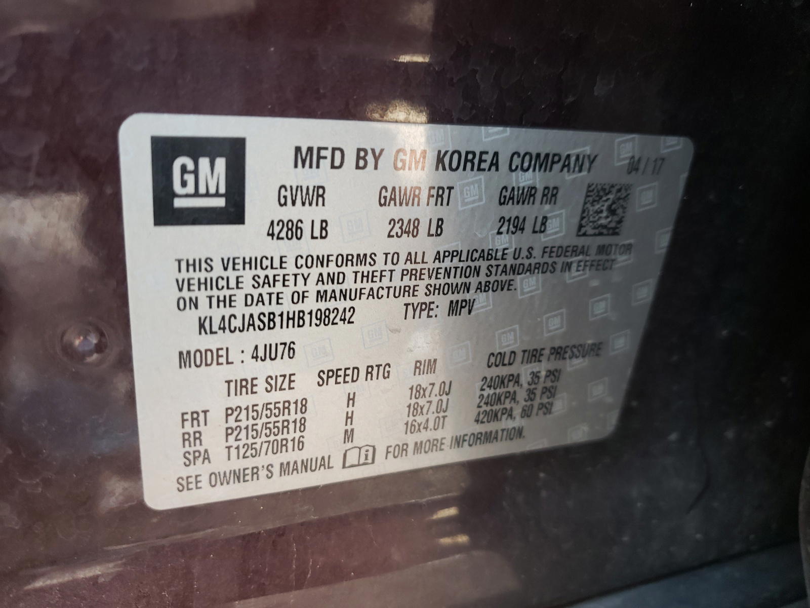 Photo 10 from auction – 2017 BUICK ENCORE PRE with VIN KL4CJASB1HB198242