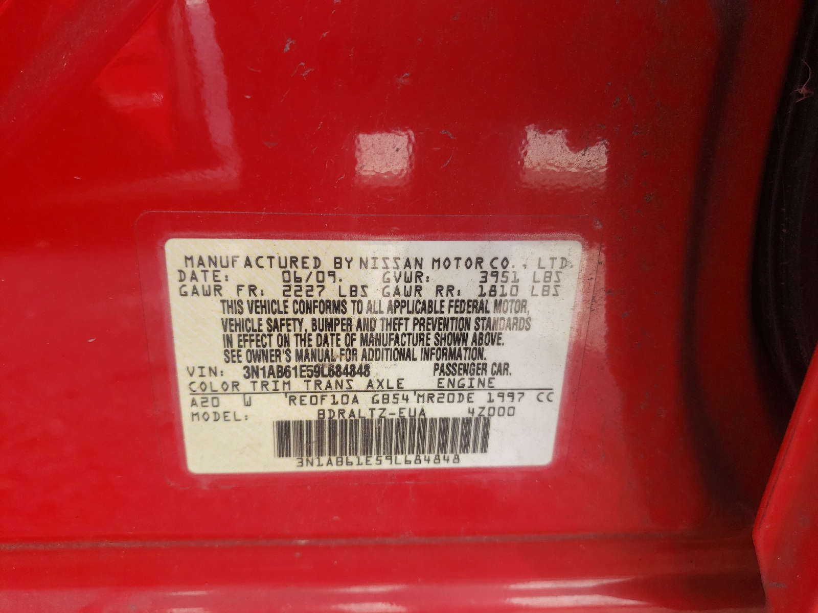 Photo 10 from auction – 2009 NISSAN SENTRA 2.0 with VIN 3N1AB61E59L684848