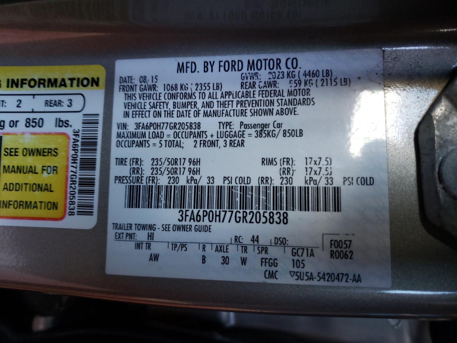 Photo 10 from auction – 2016 FORD FUSION SE with VIN 3FA6P0H77GR205838
