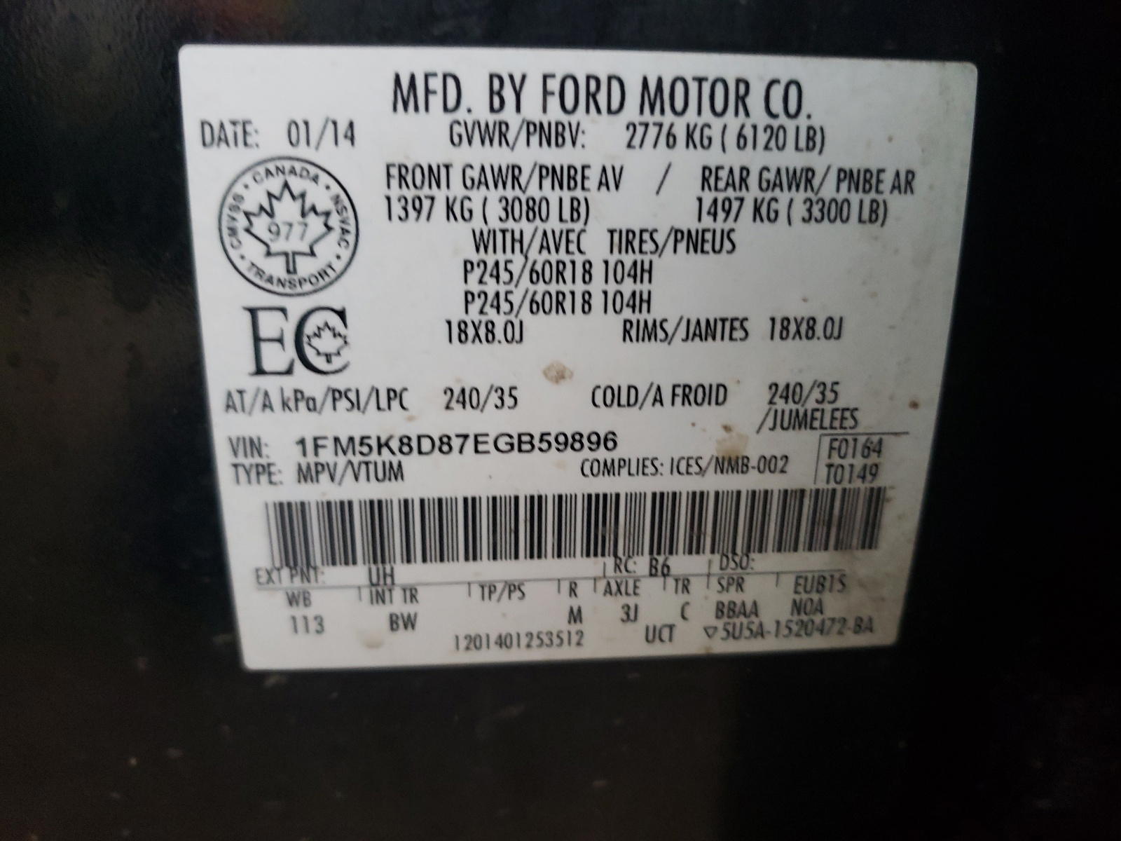Photo 10 from auction – 2014 FORD EXPLORER X with VIN 1FM5K8D87EGB59896