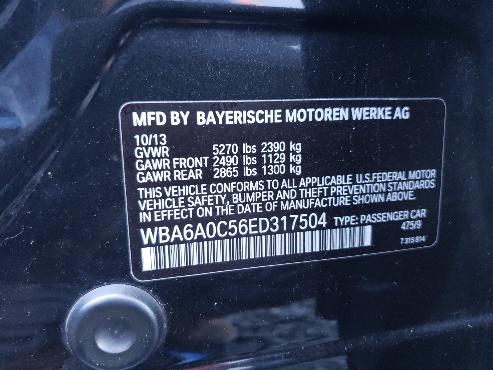 Photo 10 from auction – 2014 BMW 640 I GRAN with VIN WBA6A0C56ED317504
