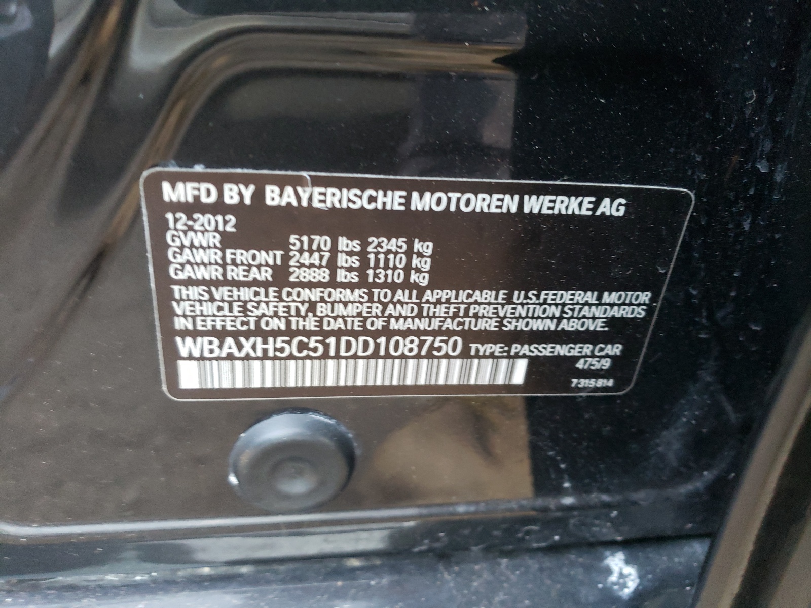 Photo 10 from auction – 2013 BMW 528 XI with VIN WBAXH5C51DD108750